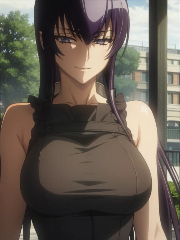 best quality, masterpiece, upper body, busujima saeko, curls, black dress, detached sleeves,highschoolofthedead, smile, huge breasts