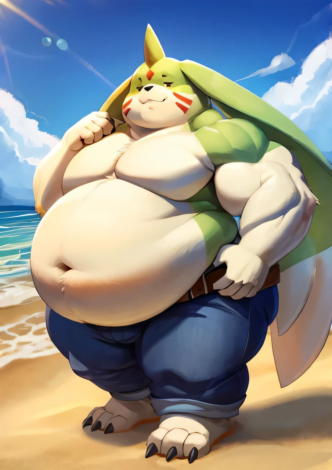 Gargomon、muscle-gut,  giant monsterountain of fat、The body is buried due to fat、The stomach is triangular、Extreme obesity、very thick fat、my stomach touches the ground、Stomach like a giant balance ball、Saggy belly,   Thick thighs、very tall、animal-like legs、Cheeks that store fat、thick and short arms、huge torso、thick neck、fat neck、sharp claws、legs buried in fat、thick and long tail、wearing pants、has belt,  thick twisted corners, on a beach, 