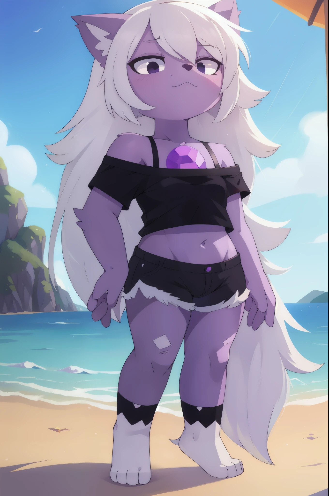 Amethyst, furry girl, cat, white hair, punk hairstyle, long hair, anime style, small breasts, narrowed eyes, black eyes, ((black shirt, off shoulders, midriff, gray shorts)), beach, clear sky, high quality, detailed body, detailed eyes, detailed face, masterpiece, glistening body, detailed body fur, best quality, purple fur, perfect lighting, perfect shadows, perfect eyes, perfect hair, perfect face, gorgeous body, full body, feets with three toes, solo, tiny body, short body,