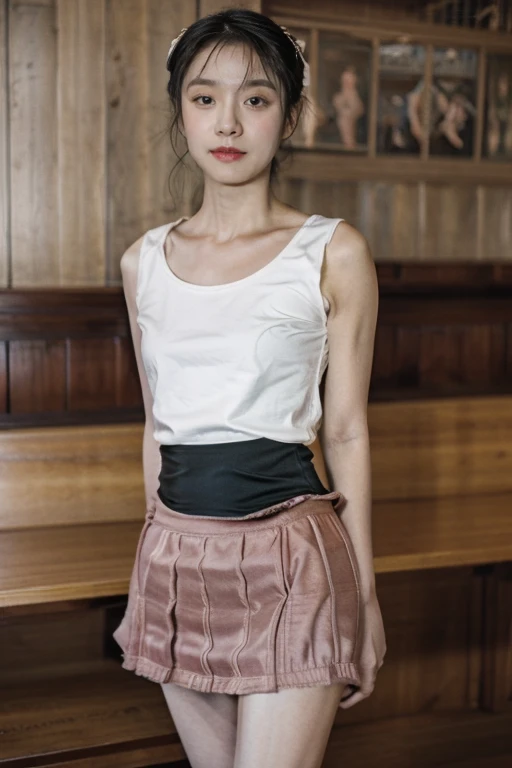 A woman,Ballet Dancer，Ballet， with long black hair, Staring to the side, Gloomy air, masterpiece, best quality, Practical, 1 person, Female focus, Shy，Shy表情。blush,(Detailed face，Beautiful face),  (Detailed skin texture), Full body portrait, Extremely detailed face,  (short hair)， Low-cut tops，((Ballet skirt:1.3))，(Very long legs)，Elegant temperament