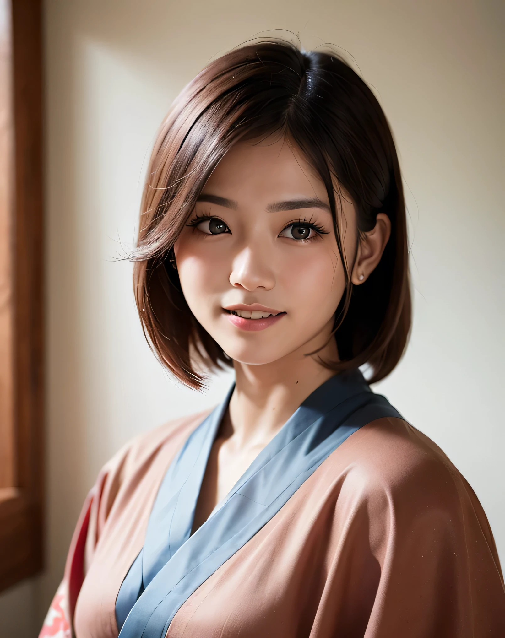 highest quality, Face Focus, (Depth of written boundary) ,Ultra-high resolution, (Realistic:1.4), RAW Photos, Japanese-style room, alcove, Hanging scrolls
(Portraiture:1.4)
1 Japanese girl, alone, cute, smile, (Brown eyes), Natural Face, (Midi Hair), 
(kimono:1.5)
