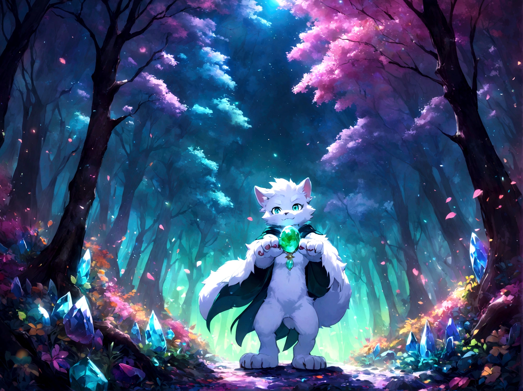 a white-furred furry, looking at the dark sky under the moon, in a forest full of colorful trees and crystals on the ground, both shining, while he holds a jade green stone