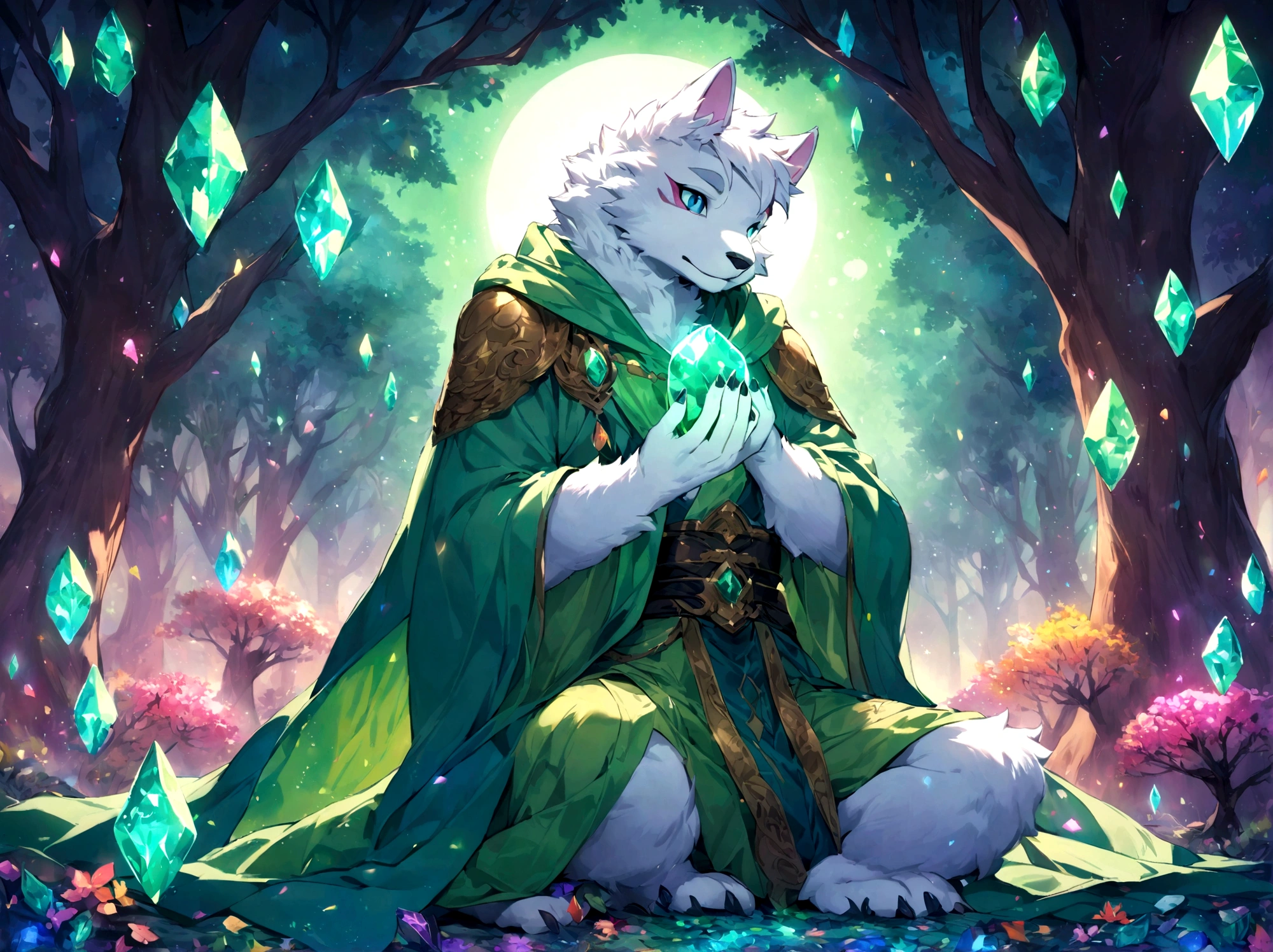 a white-furred furry, looking at the dark sky under the moon, in a forest full of colorful trees and crystals on the ground, both shining, while he holds a jade green stone
