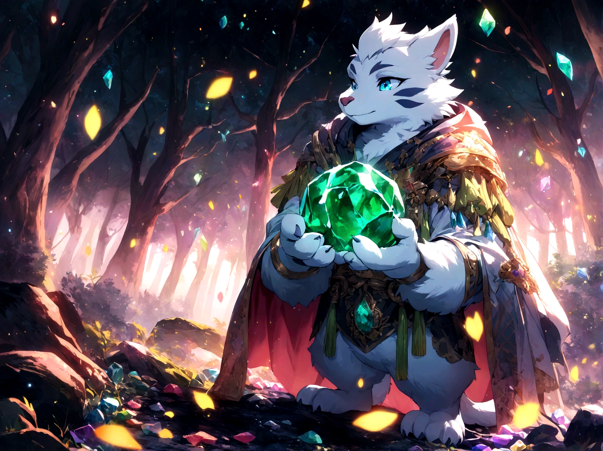 a white-furred furry, looking at the dark sky under the moon, in a forest full of colorful trees and crystals on the ground, both shining, while he holds a jade green stone