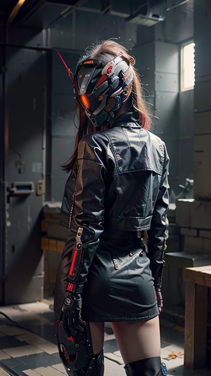 obra maestra, mejor calidad, a closeup of a futuristic looking cyborg girl with a fantastic cyber helmet head with red triangular LED lights and a halo, vestido con una chaqueta Techwear negra, cuerpo entero fondo blanco