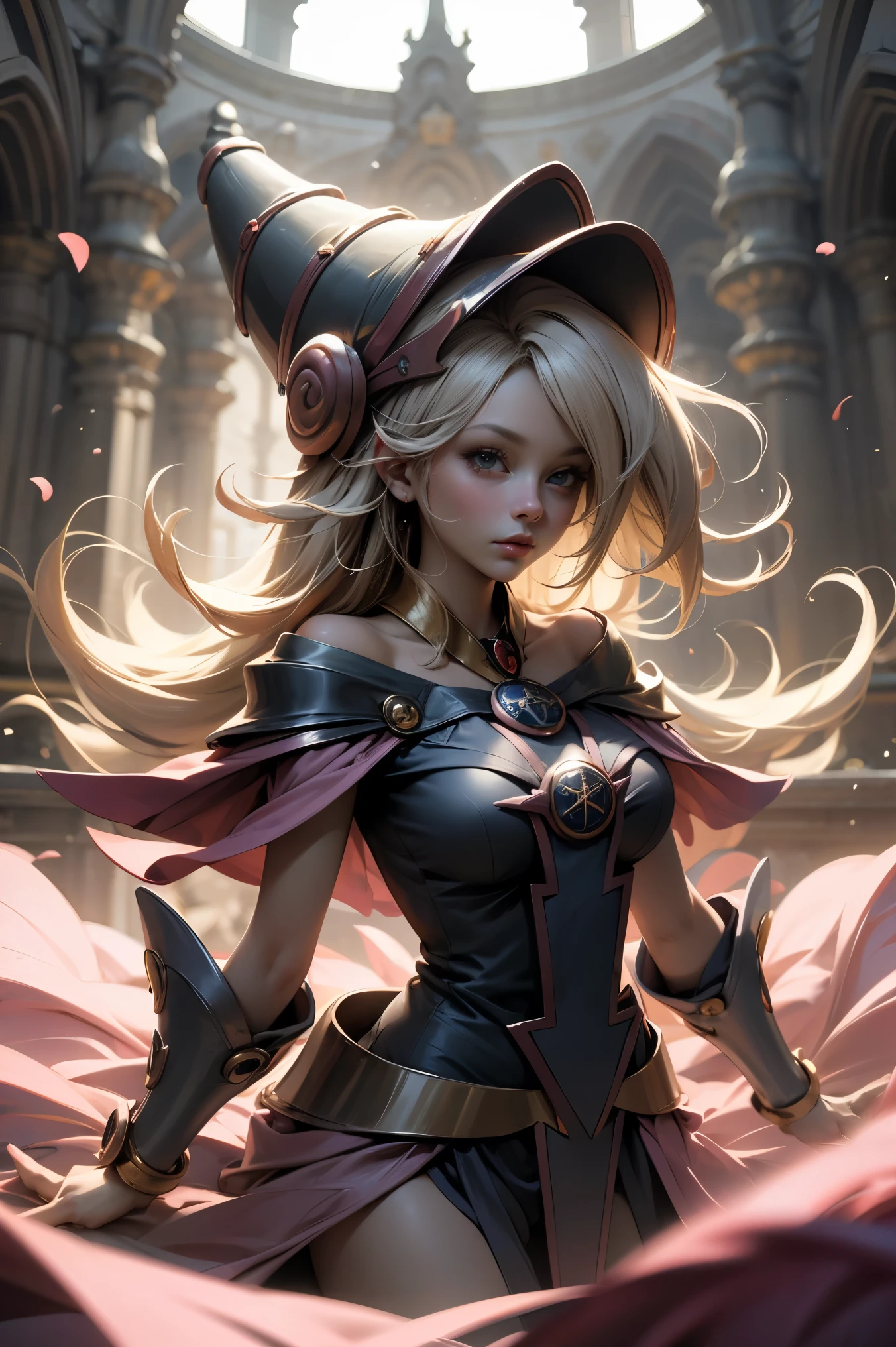 (Obra maestra:1.2), (La mejor calidad:1.2), perfect lighting, Chica Maga Oscura lanzando un hechizo, flotando en el aire, tetas grandes, escote, fondo de magia. Corazones transparente en el hambiente, bata azul, sombrero grande, desde arriba, Destellos, Yugioh Card en el fondo
