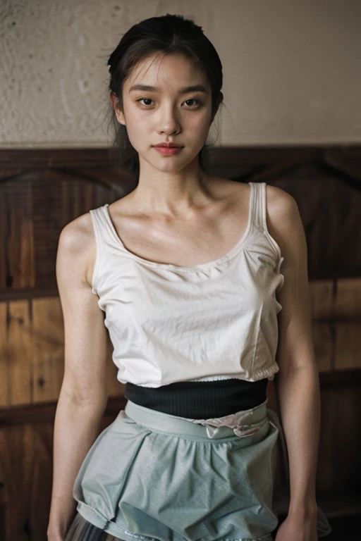 A woman,Ballet Dancer，Ballet， with long black hair, Staring to the side, Gloomy air, masterpiece, best quality, Practical, 1 person, Female focus, Shy，Shy表情。blush,(Detailed face，Beautiful face),  (Detailed skin texture), Full body portrait, Extremely detailed face,  (short hair)， Low-cut tops，((Ballet skirt:1.3))，(Very long legs)，Elegant temperament