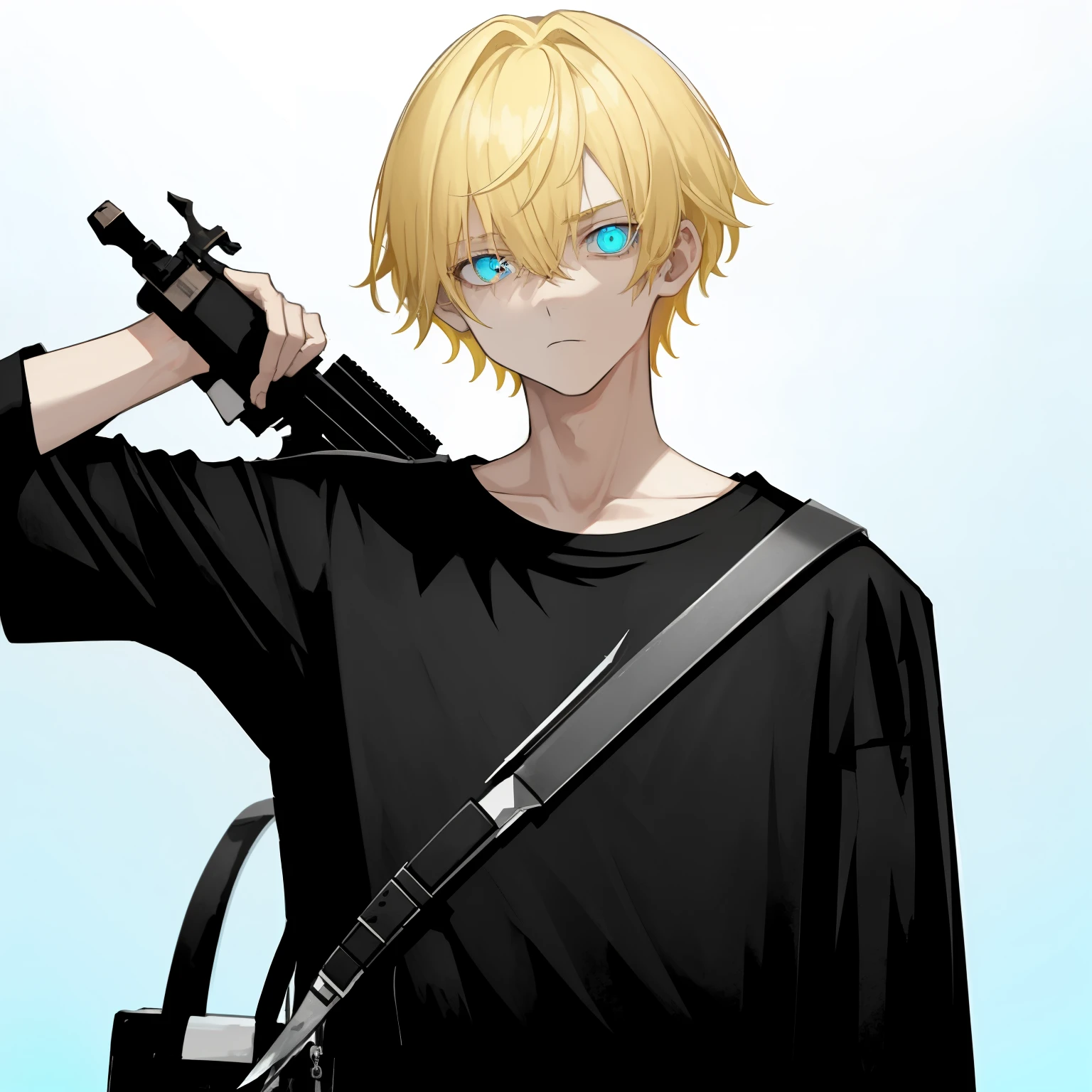 1boy, blonde_medium_hair, asymmetrical_bangs, cyan_eyes, black_loose_t-shirt, white_satchel_with_weapons, looking_down_at_viewer, bright_background