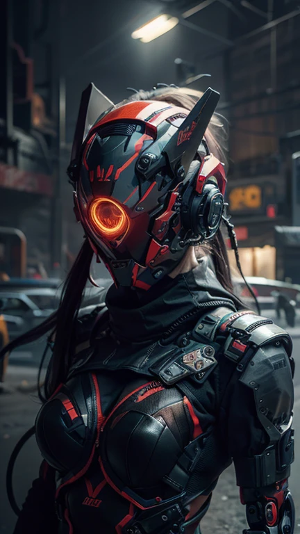 obra maestra, mejor calidad, a closeup of a futuristic looking cyborg girl with a fantastic cyber helmet head with red triangular LED lights and a halo, vestido con una chaqueta Techwear negra, cuerpo entero fondo blanco