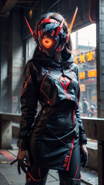 obra maestra, mejor calidad, a closeup of a futuristic looking cyborg girl with a fantastic cyber helmet head with red triangular LED lights and a halo, vestido con una chaqueta Techwear negra, cuerpo entero fondo blanco