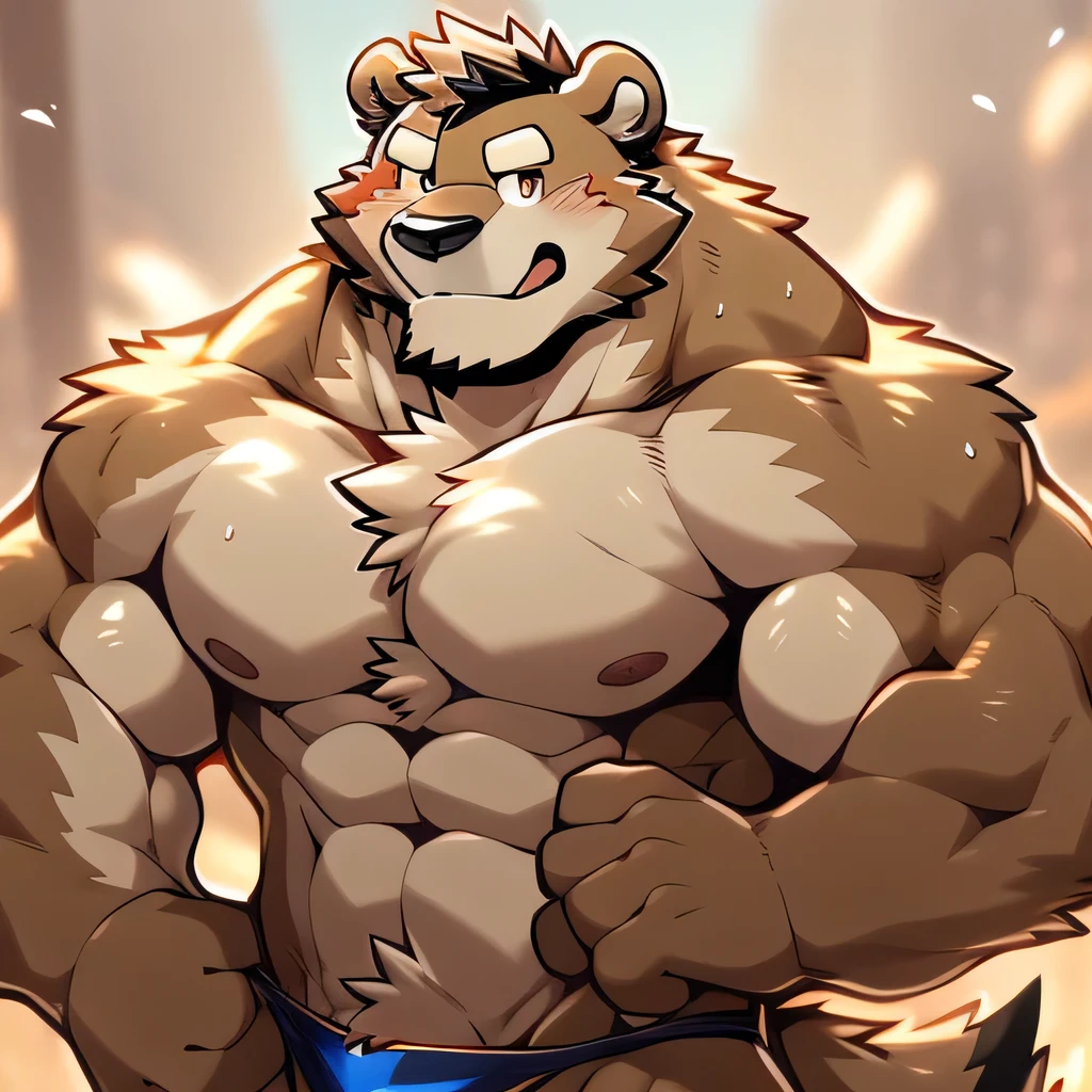 Author: Takemoto Arashi, (1 boy), One, Grizzly bear, bodybuilder, Men's Second, kemono, muscle, Beautiful, sexual, Attractive guy, (Detailed brown eyes), Browster, a high resolution, Best quality), 4k, nipples, male, Beautiful shadows, speedo, flexing, bouncing pecs out, pumping chests, bulking out