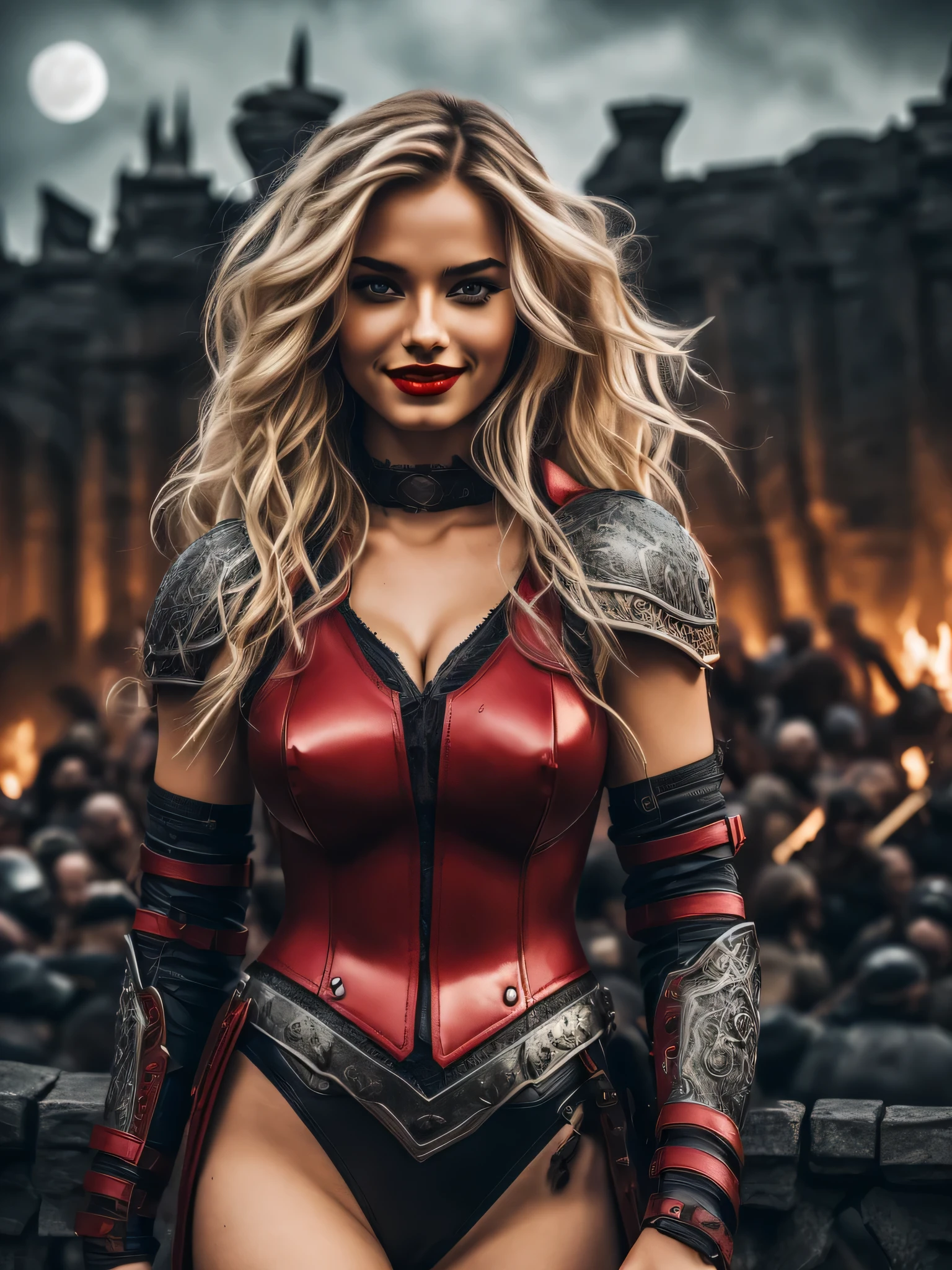 (hero view), girl, blonde, red lips, evil smiling, red-black sexy leather armor, (near the ruined castle gates), medieval war, crowd, night, moon, (detail background: 1.5), (intricate surrounding details), (hyper detail), (skin detail and hair texture)+++, (ultra realism), (8K UHD), (ultra quality), (dslr)