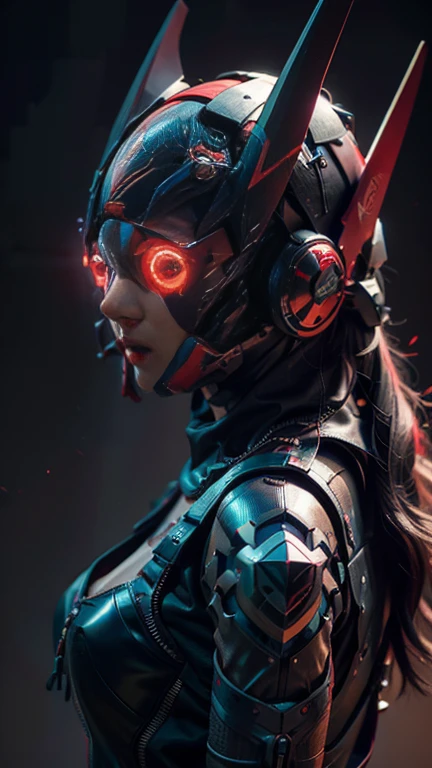 obra maestra, mejor calidad, a closeup of a futuristic looking cyborg girl with a fantastic cyber helmet head with red triangular LED lights and a halo, vestido con una chaqueta Techwear negra, cuerpo entero fondo blanco