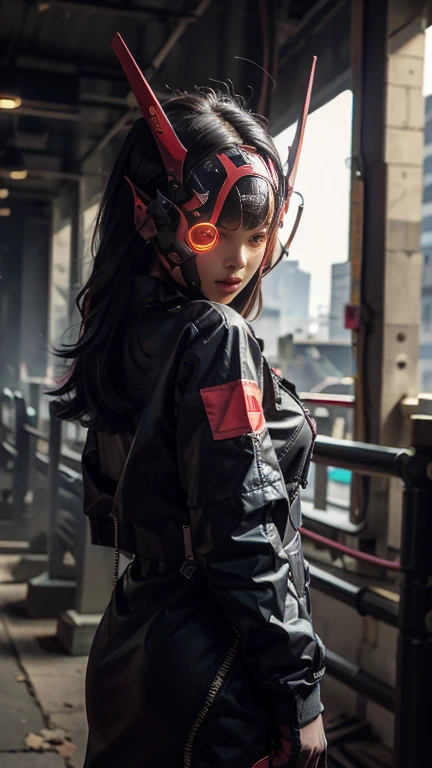 obra maestra, mejor calidad, a closeup of a futuristic looking cyborg girl with a fantastic cyber helmet head with red triangular LED lights and a halo, vestido con una chaqueta Techwear negra, cuerpo entero fondo blanco