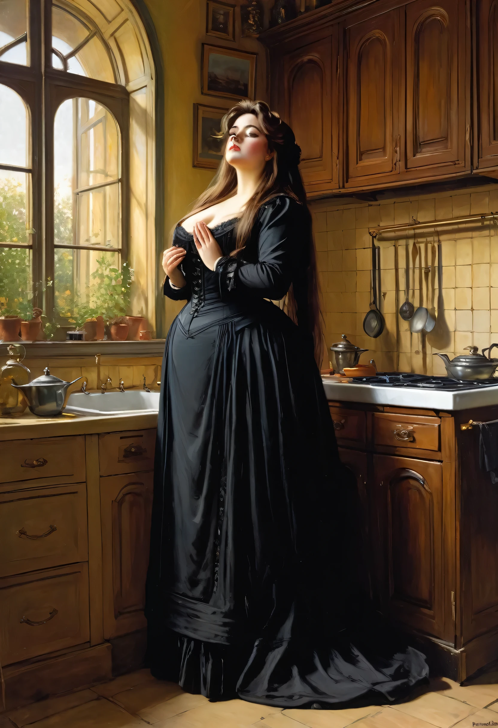 Full body shot of A curvy voluptuous   buxom  Victorian widow with very long straight hair, Rapunzel ,standing in her kitchen and praying, by Jean Béraud, inspired by Jean Béraud, inspired by Édouard Detaille, edouard leon cortes, inspired by Ivan Kramskoi, inspired by Jean-Louis-Ernest Meissonier, by Édouard Detaille, inspired by Paul Émile Chabas