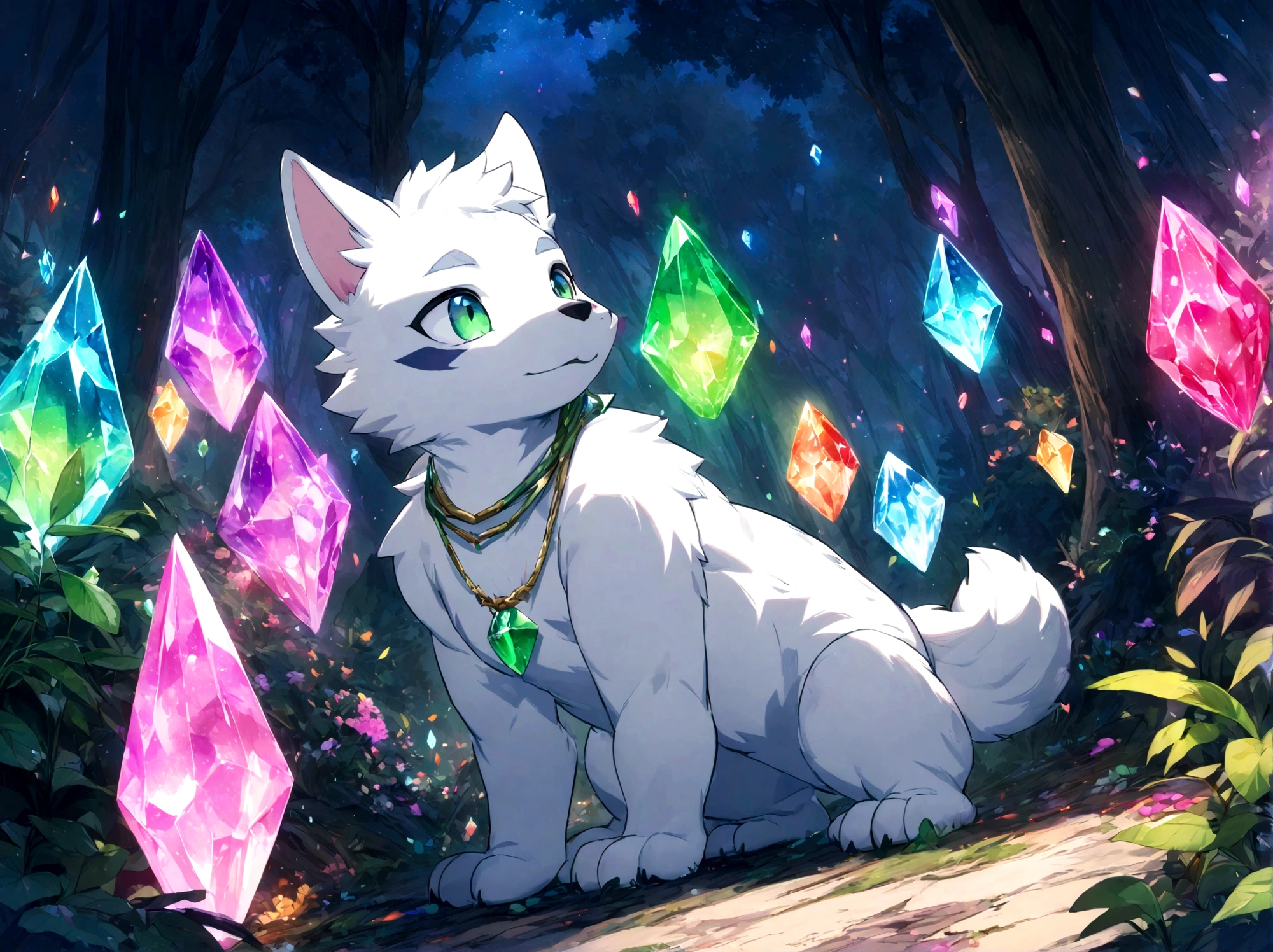 a white-furred furry, looking at the dark sky under the moon, in a forest full of colorful trees and crystals on the ground, both shining, while he holds a jade green necklace