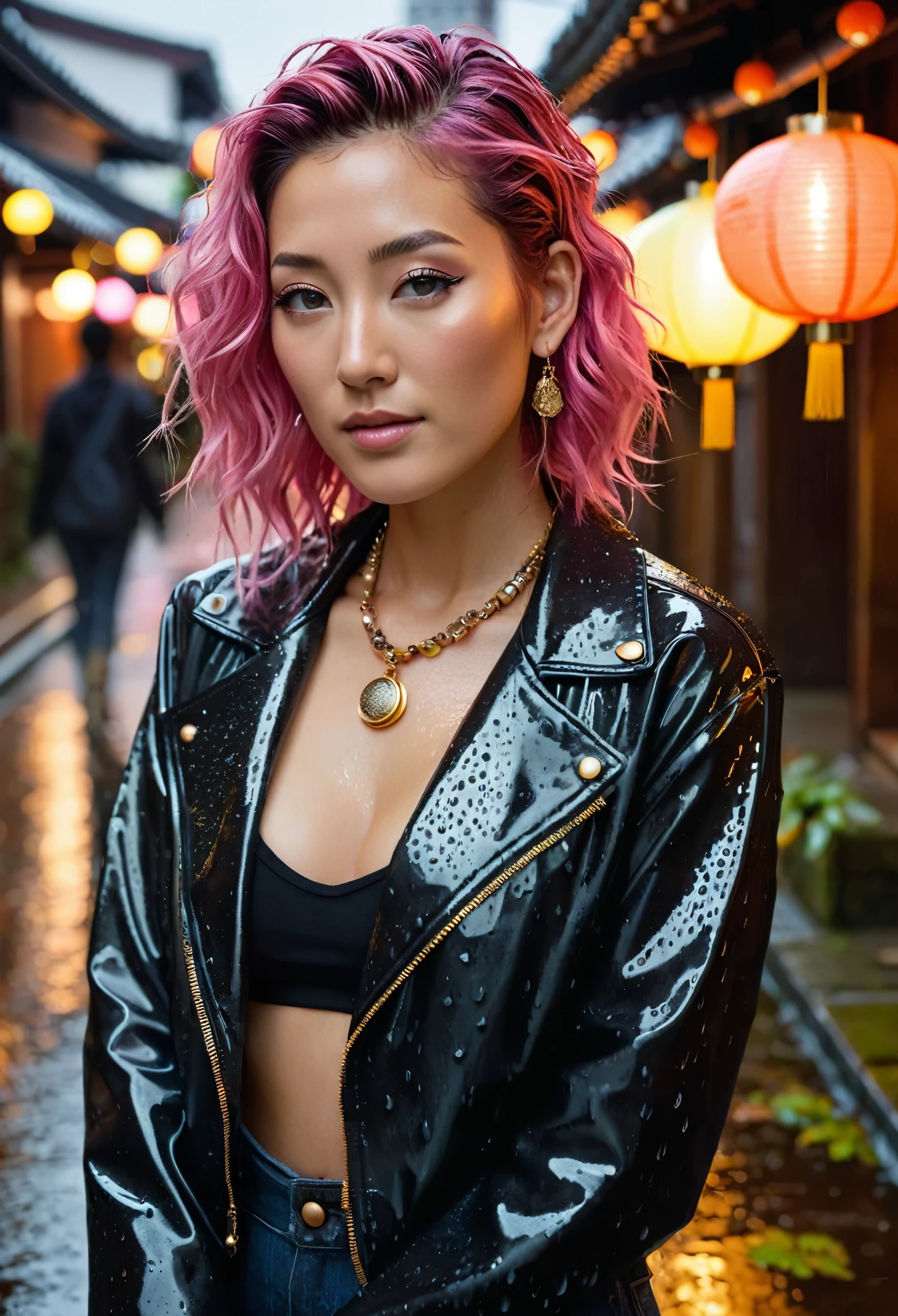 (hyper realistic: 1.4), (contrasting background: 1.5) ((Ultra detailed skin 1.4)) ( NVIDIA RTX Ray Tracing), golden ratio，(Advanced face detail: 1.1) ((full length body 1.5)) (masterpiece 1.4）16K resolution, 4k resolution (pink hair) "Generate an exceptionally photo realistic portrait of a young woman in her late twenties, with shoulder-length, curly pink hair and grey eyes. She is wet from rain drops on her face, clothes, neck, and chest. The rain drops are individually visible. She has a tanned mixed race complexion like Dichen Lachman. She is wearing a modern, edgy outfit consisting of a colourful open leather biking jacket, fitted t-shirt and a pair high waist dark jeans with metal buttons. She has a pearl and bronze necklace with many small charms, bronze earrings, and bronze rings on her fingers. Her lower lip is pierced with a ring. The expression on her face is one of curiosity, with a slight smile and her head tilted slightly to the right.  Her make up is modern and edgy, with details around the contours of her eyes. Her pose is relaxed, with her hands loosely clasped in front of her. The background is a very dense urban city alley in the rain like, with very many neon signs juxtaposed with traditional lanterns of a shinto shrine. The lights cast many coloured reflections on the wet pavement. Her face and body are bathed in a gentle light from a nearby lantern, casting gentle shadows and a warm glow on her rain wet face. Include subtle details like the texture of her hair and the shimmer of her necklace. The style should be photorealistic, with high attention to detail and lifelike rendering."