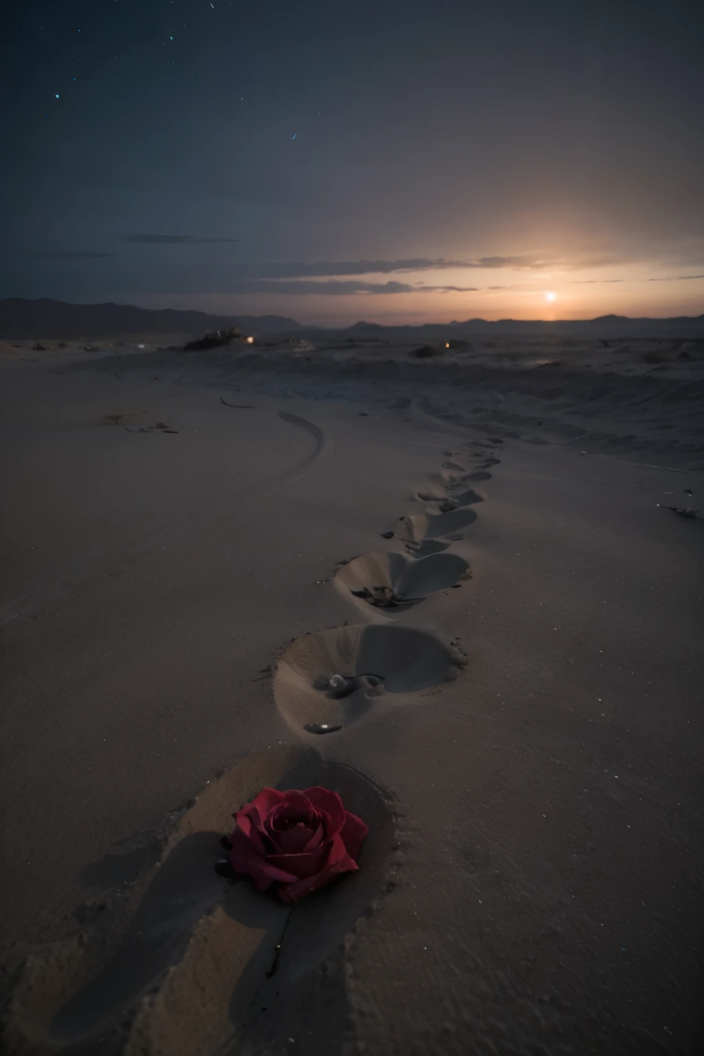 A dark night scene with a gradually darkening blue sky, a deserted desert at night, and on the sand there are traces of a man, a male and a female, and a rose appears on the deserted sand, dead and looking like it has been for years. A sad dramatic scene.