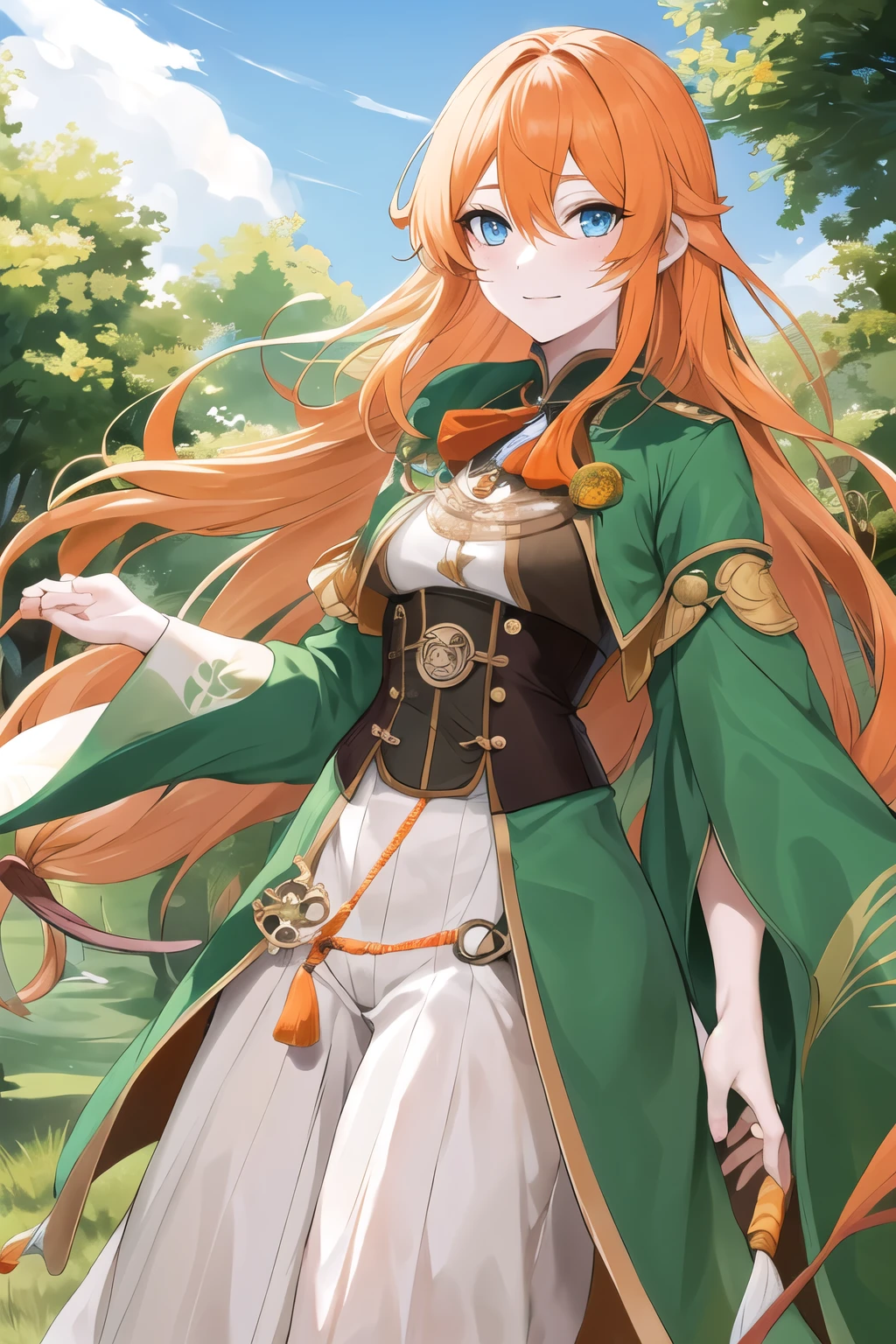 Long orange and wavy hair,  genshin style, green fontainian clothes, pale skin, blue eyes, freckles, dendro user, wore a pocket watch and is an archer