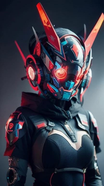 obra maestra, mejor calidad, a closeup of a futuristic looking cyborg girl with a fantastic cyber helmet head with red triangular LED lights and a halo, vestido con una chaqueta Techwear negra, cuerpo entero fondo blanco