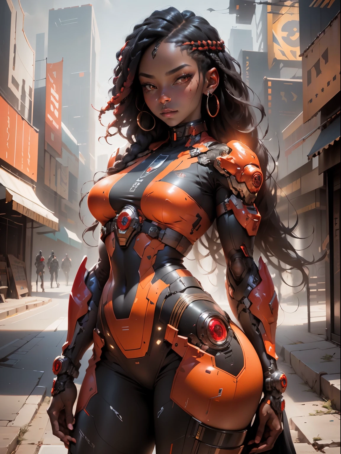 best quality, high resolution, cinematic photo, professional portrait, sharp focus, a female dark ebony Jedi, braided hair, mecha  with scarlet red details, heterochromia in the eyes, ironic expression, stand pose, cyberpunk background, masterful brushstrokes, oil painting texture, detailed facial features