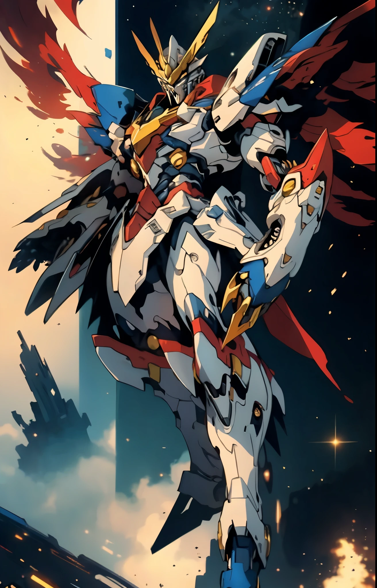 Humanoid Mecha, fully enclosed shoulder guards, matching arm and leg guards, full body, full armor, the design balances heavy with agility, (the color scheme is primarily white with red and blue accents, the concept Inspired by Super robot, organic biotech armor, standing, floating high above the futuristic sci-fi city), exquisite and mature art style, (aura effect, energy, glowing eyes, the armor glows), ((SRS)), metallic, dynamic, dramatic, high definition, best quality, highres, ultra-detailed, ultra-fine painting, extremely delicate, professional, perfect body proportions, anatomically correct, symmetrical face, extremely detailed eyes and face, high quality eyes, creativity, RAW photo, UHD, 32k, Natural light, cinematic lighting, masterpiece-anatomy-perfect, masterpiece:1.5