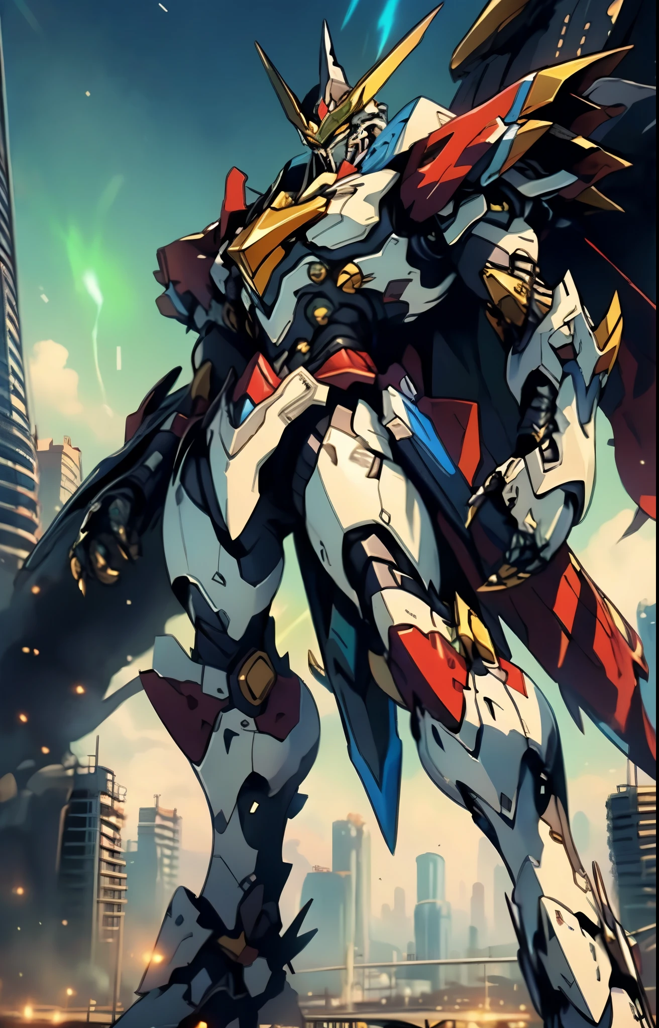 Humanoid Mecha, fully enclosed shoulder guards, matching arm and leg guards, full body, full armor, the design balances heavy with agility, (the color scheme is primarily white with red and blue accents, the concept Inspired by Super robot, organic biotech armor, standing, floating high above the futuristic sci-fi city), exquisite and mature art style, (aura effect, energy, glowing eyes, the armor glows), ((SRS)), metallic, dynamic, dramatic, high definition, best quality, highres, ultra-detailed, ultra-fine painting, extremely delicate, professional, perfect body proportions, anatomically correct, symmetrical face, extremely detailed eyes and face, high quality eyes, creativity, RAW photo, UHD, 32k, Natural light, cinematic lighting, masterpiece-anatomy-perfect, masterpiece:1.5