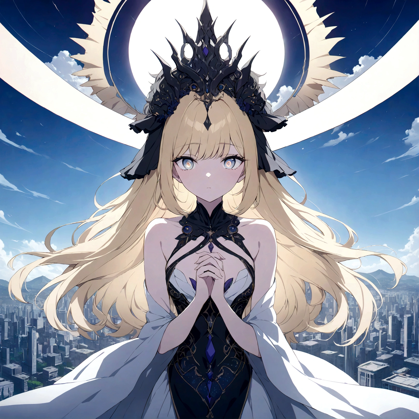 (masterpiece, 32k, 8k, maximum graphics, detailed image, vivid and detailed eyes) sorceress, 19 years old, beautiful face, scenery floating over a city, blonde hair illuminated by the sky, gray and shiny eyes, crossing her fingers