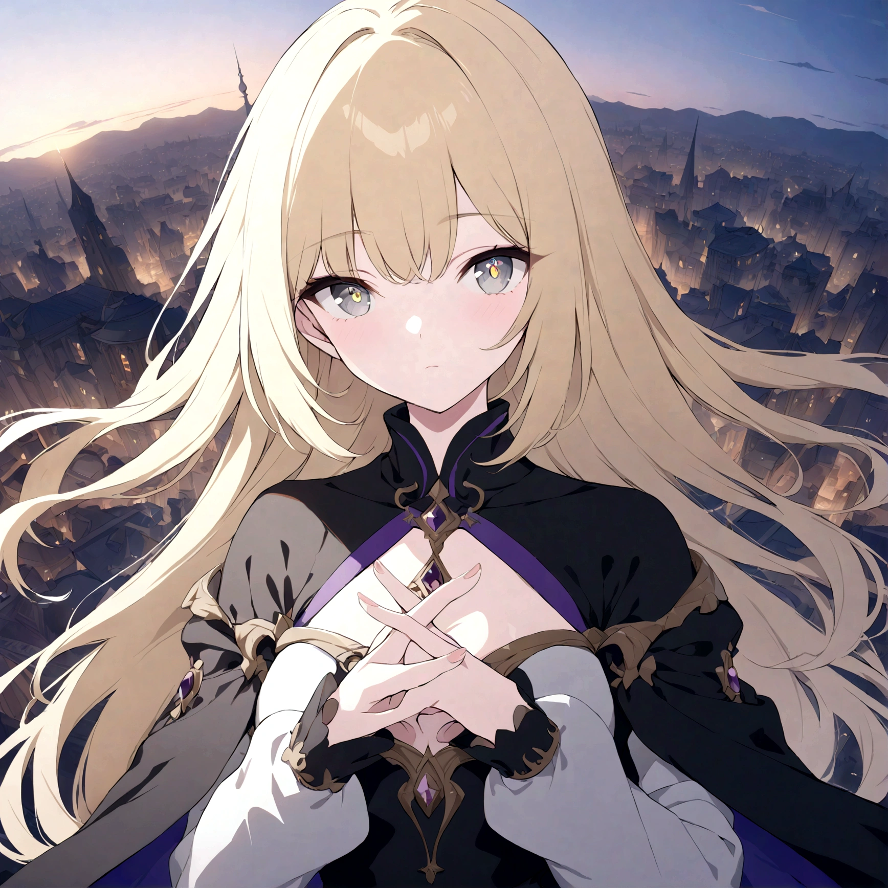 (masterpiece, 32k, 8k, maximum graphics, detailed image, vivid and detailed eyes) sorceress, 19 years old, beautiful face, scenery floating over a city, blonde hair illuminated by the sky, gray and shiny eyes, crossing her fingers