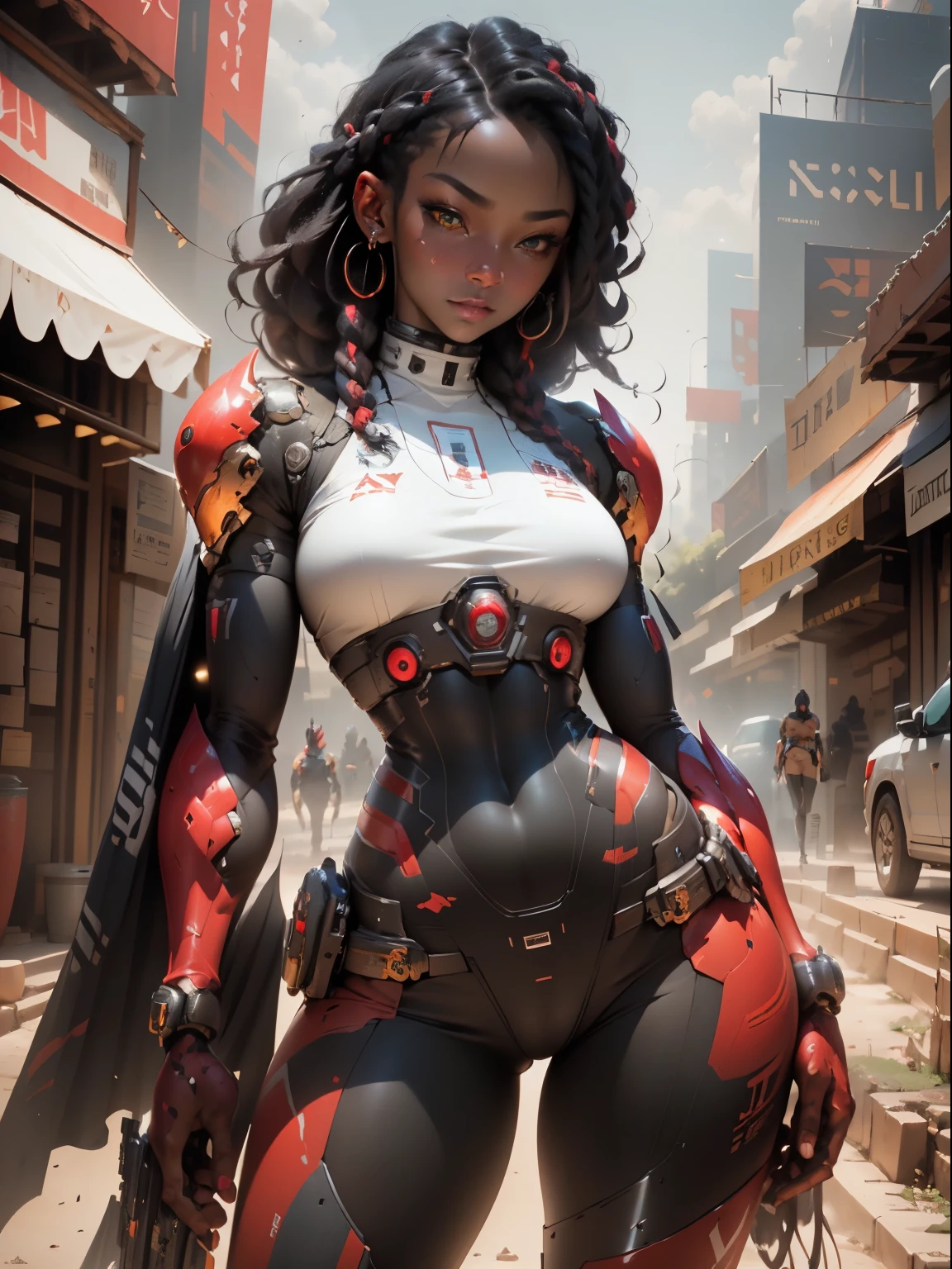 best quality, high resolution, cinematic photo, professional portrait, sharp focus, a female dark ebony Jedi, braided hair, mecha bodysuit with scarlet red details, heterochromia in the eyes, ironic expression, stand pose, cyberpunk background, masterful brushstrokes, oil painting texture, detailed facial features