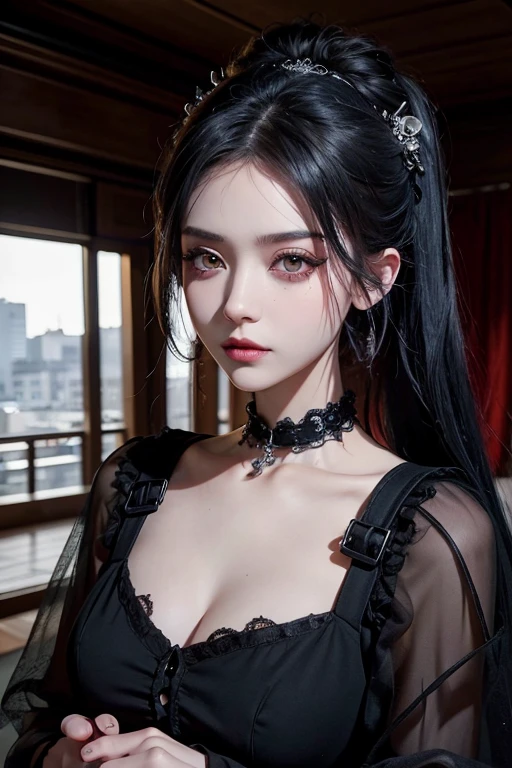 highest quality、8k、masterpiece：1.3、Gothic Punk、The inner color is red、Gray Black Hair、hair ornaments、beautiful girl、creative、Punk Shirt、Neogoth、Goth Fashion：1.2、High resolution、masterpiece、highest quality、頭w:1.3、((Hasselblad Photos))、Fine skin、Sharp focus、(Cinema Lighting)、Explore Tokyo&#39;The city at night beyond the neon lights, Forehead open, 、Petting&#39;Hair back、Shoulder Bare、Small red rose tattoo on the décolletage、Just one tattoo