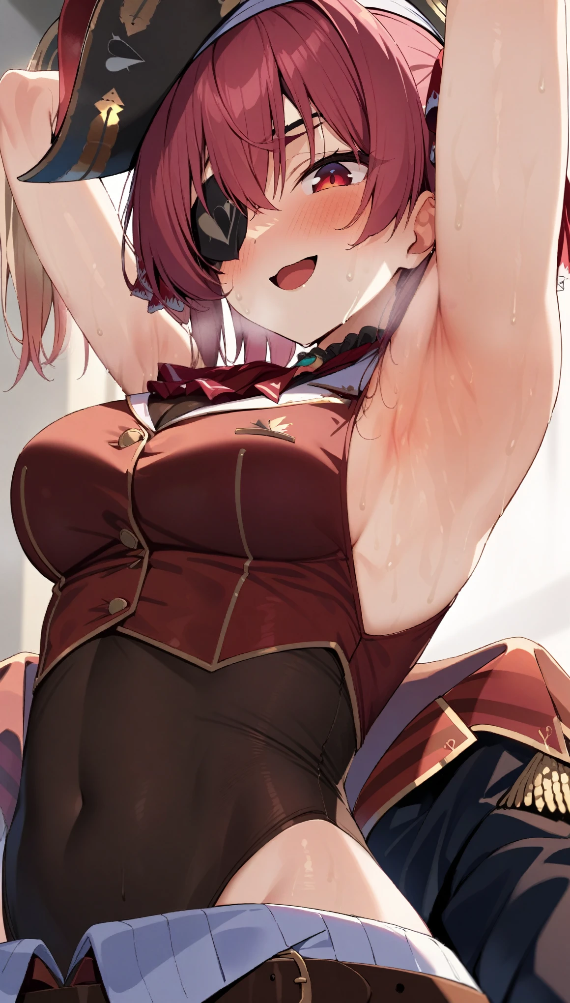 (masterpiece:1.2), hyper detail, best quality, (intricate_details:1.1), beautiful detailed, beautiful hair, solo, 1girl,((ANIME COLORING)),marine_pirate, hair ribbon, red ascot, belt, leotard under clothes, covered navel, black leotard, sleeveless, black coat, pirate hat, eyepatch, red eyes,blurry_background,sweating,greasy shoulder,from below,looking side,flipped hair,armpit,greasy armpit,from side, shoulder focus,((armpit focus)),bare shoulder,upper body,((greasy armpit)),((smooth armpit)),((Pupil details)),backlighting,((Stretch oneself)),((Detailed armpit)),((elastic armpit)),((soft armpit)),pov,looking at viewer,evil smile,open mouth,red miniskirt,((red sleeveless expose waist shirt)),reverse kabedon