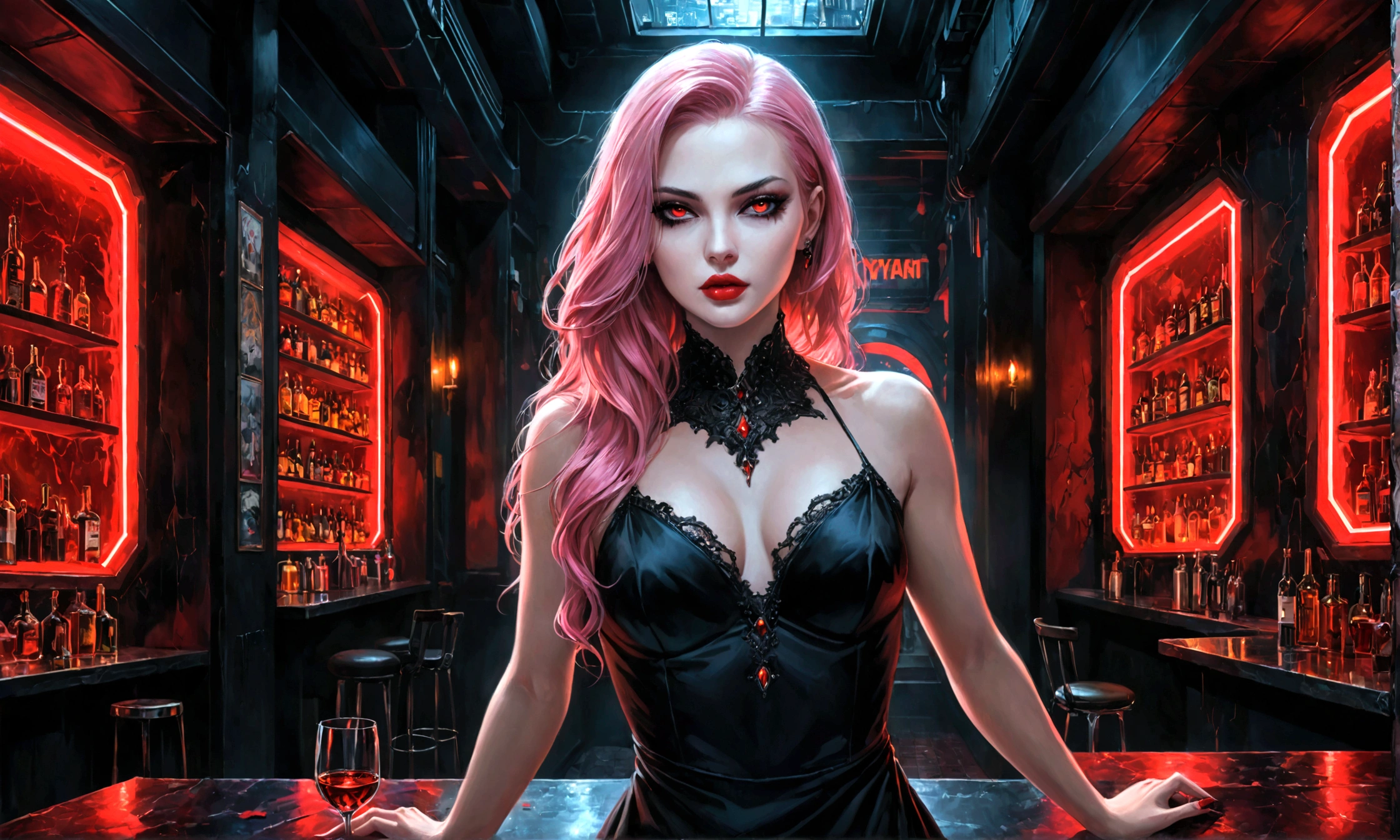 Arafed, dark fantasy art, glamour shot, award winning shot, photorealistic, a portrait of a female vampire, pink hair, long hair, red lips, glowing eyes, dynamic color, she wears, an elegant (black dress: 1.5), blood dripping from lips, cyberpunk bar background, 16k, ultra detailed, masterpiece, best quality, (extremely detailed), Dark Art Painting Style