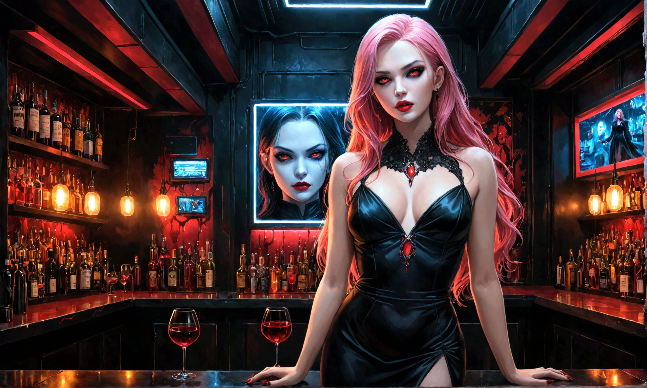 Arafed, dark fantasy art, glamour shot, award winning shot, photorealistic, a portrait of a female vampire, pink hair, long hair, red lips, glowing eyes, dynamic color, she wears, an elegant (black dress: 1.5), blood dripping from lips, cyberpunk bar background, 16k, ultra detailed, masterpiece, best quality, (extremely detailed), Dark Art Painting Style
