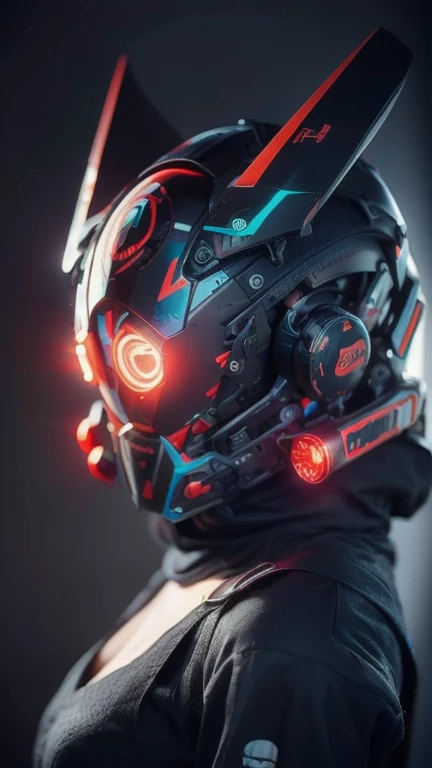 obra maestra, mejor calidad, a closeup of a futuristic looking cyborg girl with a fantastic cyber helmet head with red triangular LED lights and a halo, vestido con una chaqueta Techwear negra, cuerpo entero fondo blanco