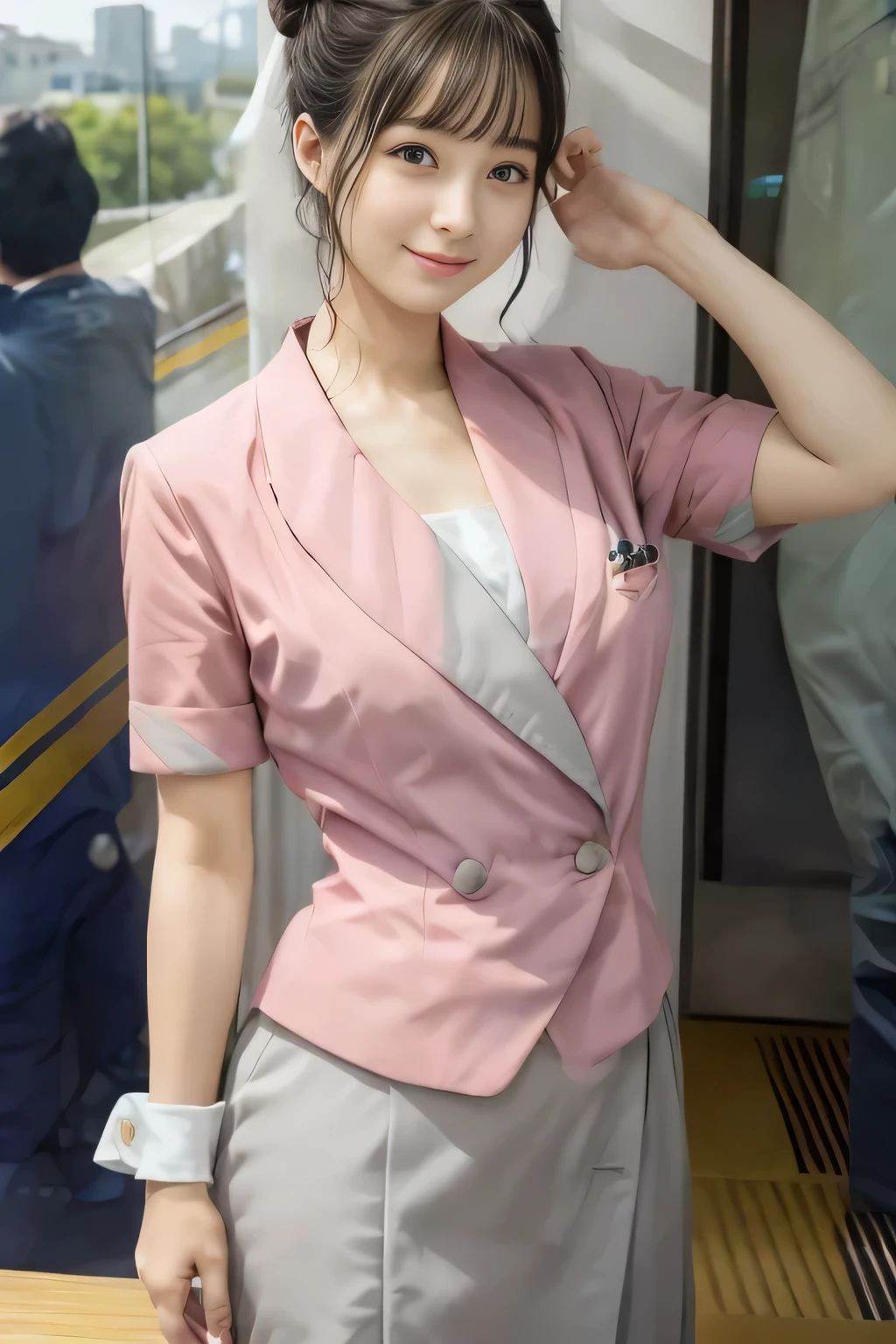 (masterpiece:1.2, highest quality:1.2), 32K HDR, High resolution, (alone、1 girl)、(On the rooftop of a building in the daytime、Professional Lighting)、Building rooftop background、(Nankai train crew uniform pinkを着たリアルスタイル)、(Nankai train crew uniform pink short sleeve pink jacket、Nankai Train Crew Uniform Pink Collarless Short Sleeve Blouse、Nankai Train crew uniform pinkのグレー色のキュロットスカート)、Dark brown hair、(Hair tied up、Hair Bun、Hair Bun)、Dark brown hair、Long Shot、Big Breasts、Thin legs、((Great hands:2.0)),((Harmonious body proportions:1.5)),((Normal limbs:2.0)),((Normal finger:2.0)),((Delicate eyes:2.0)),((Normal eyes:2.0)))、smile、(Nankai Train crew uniform pinkのグレー色のキュロットスカートを見せた美しい歩く姿)、Keep your hands natural