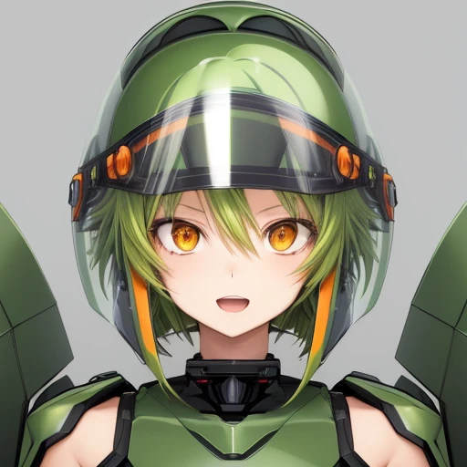 A portrait of a cute anime girl astronaut with green hair and orange eyes wearing a futuristic helmet. The metal helmet fits over her head with a clear visor raised over her eyes. cute, young, youthful, short hair, straight hair, (shoulder length hair:1.5), (green hair:1.5), (orange eyes:1.5), (hair intakes:1.5), smile, (open mouth:1.5), sci-fi armored helmet, (transparent visor:1.5), close-up, face, high detail, mecha helmet, green armor, mecha suit