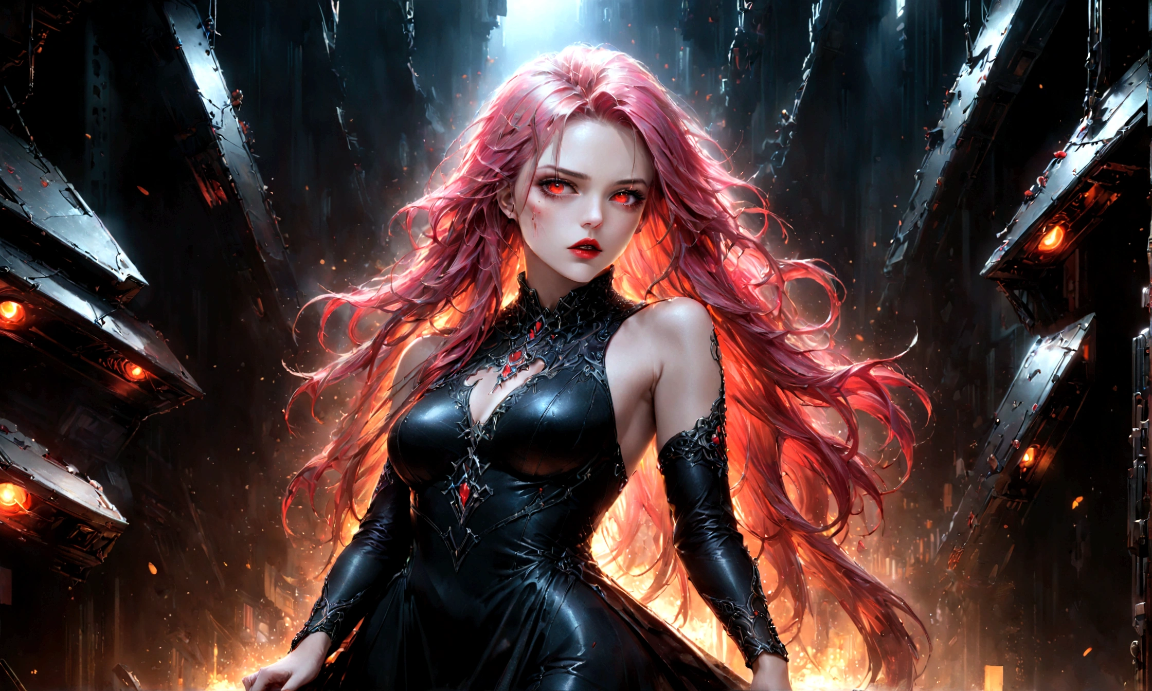 Arafed, dark fantasy art, glamour shot, award winning shot, photorealistic, a portrait of a female vampire, pink hair, long hair, red lips, glowing eyes, dynamic color, she wears, an elegant (black dress: 1.5), blood dripping from lips, cyberpunk bar background, 16k, ultra detailed, masterpiece, best quality, (extremely detailed), Dark Art Painting Style, drkfntasy