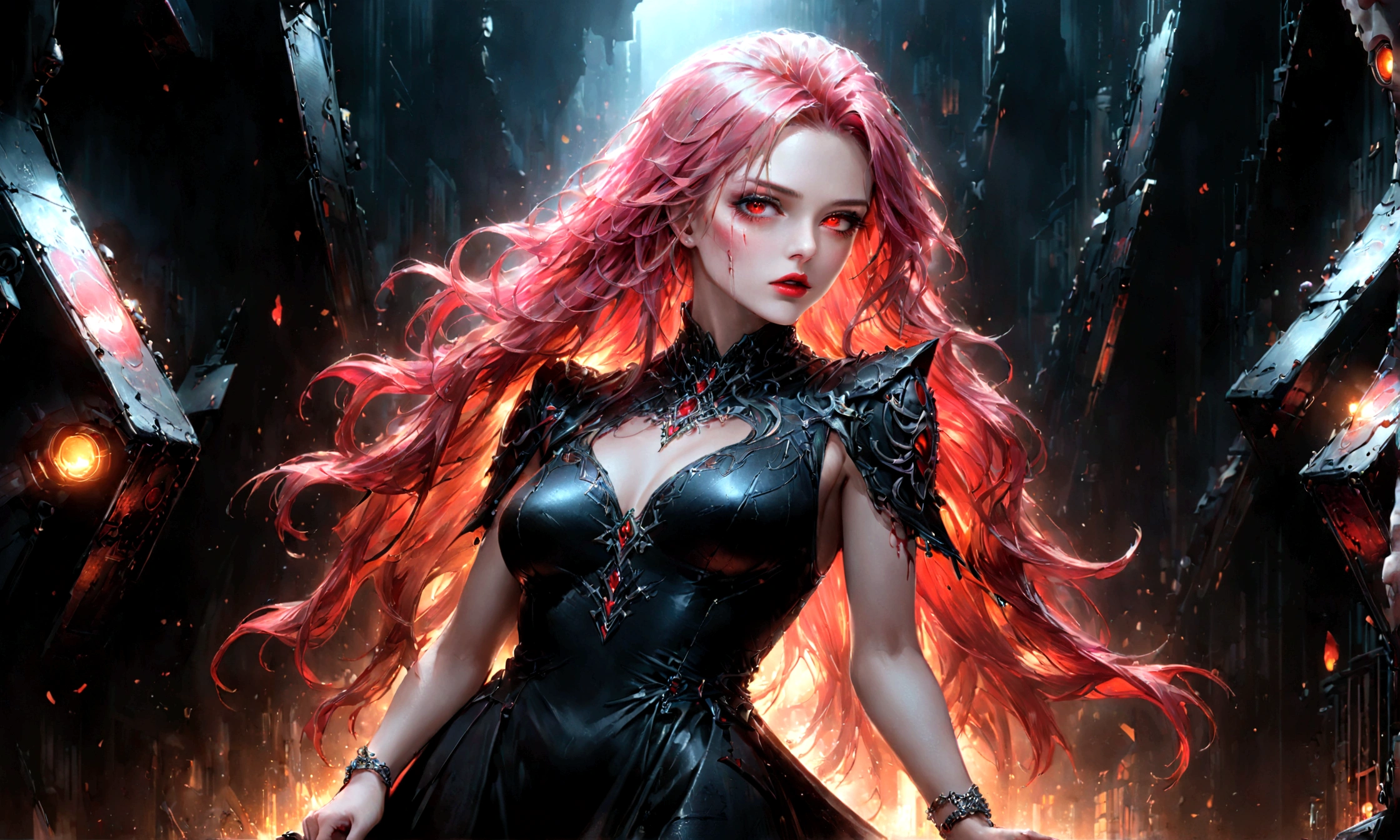 Arafed, dark fantasy art, glamour shot, award winning shot, photorealistic, a portrait of a female vampire, pink hair, long hair, red lips, glowing eyes, dynamic color, she wears, an elegant (black dress: 1.5), blood dripping from lips, cyberpunk bar background, 16k, ultra detailed, masterpiece, best quality, (extremely detailed), Dark Art Painting Style, drkfntasy
