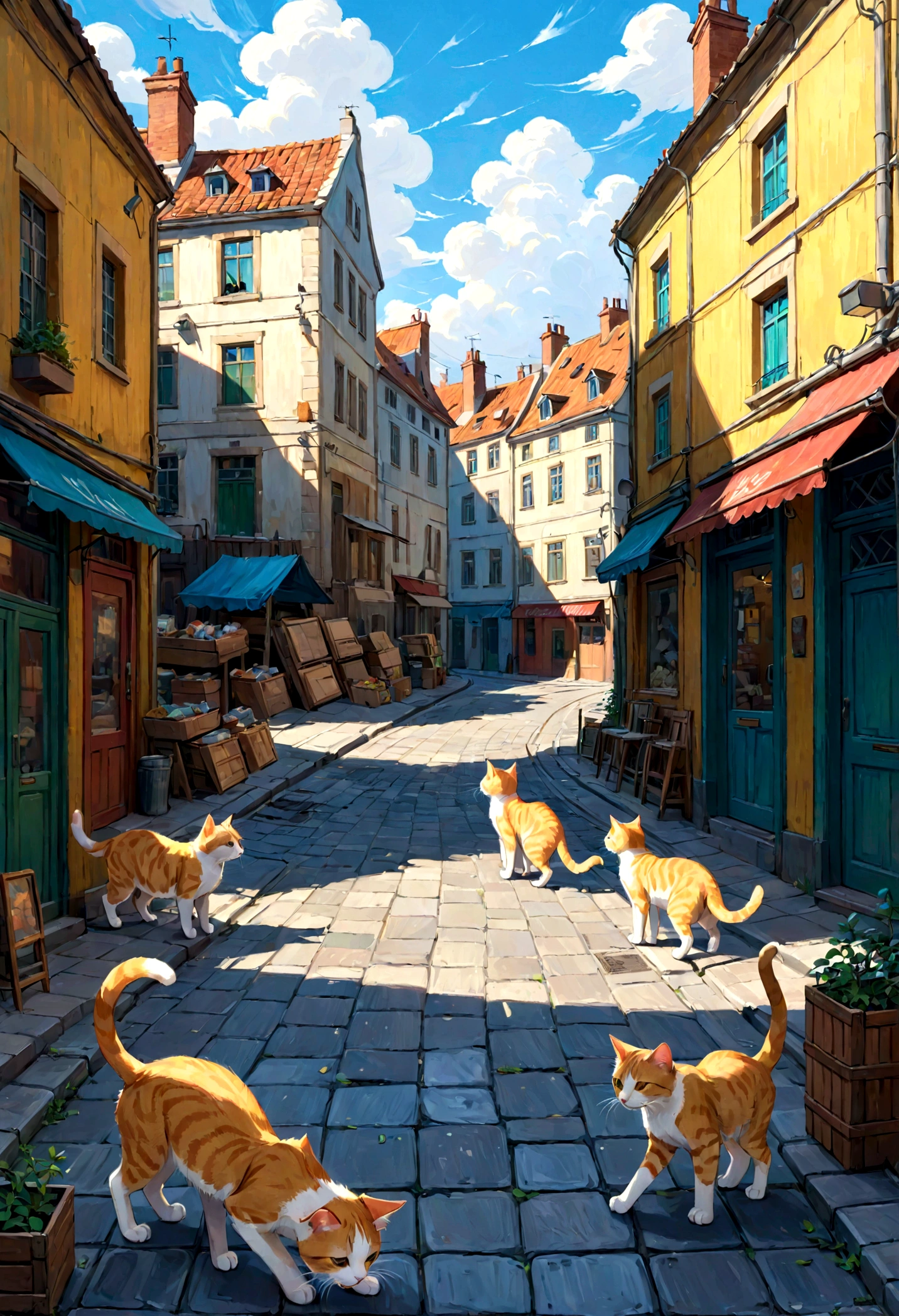 Street cats, abandoned, surviving, fighting for food, on the streets, 8k, in front of shops, houses, buildings, 4k cartoon image, cityscape, art van gogh Painterly style, painting, vibrant
