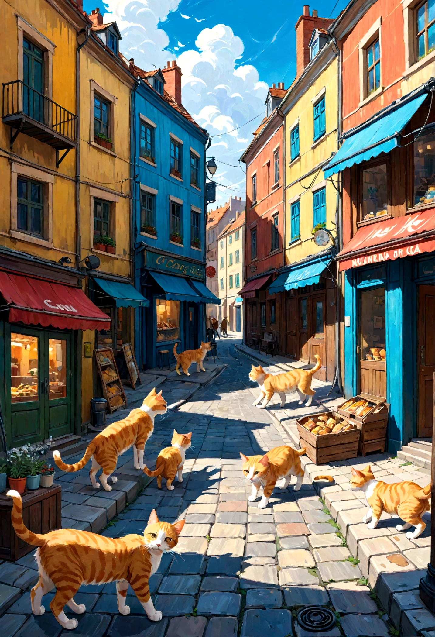 Street cats, abandoned, surviving, fighting for food, on the streets, 8k, in front of shops, houses, buildings, 4k cartoon image, cityscape, art van gogh Painterly style, painting, vibrant