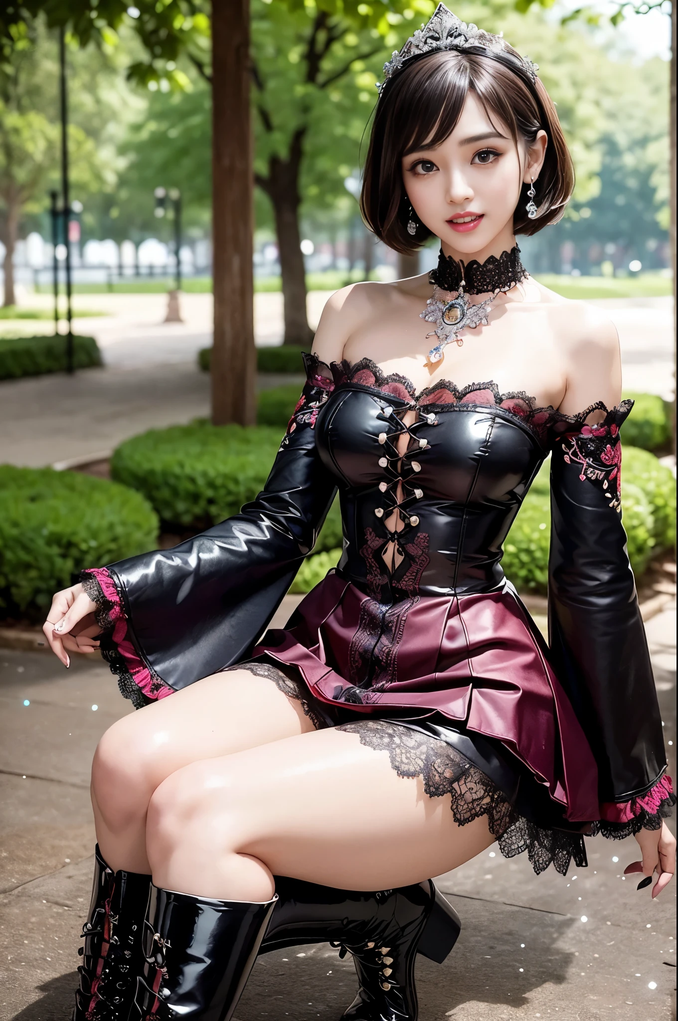 nsfw, sexy stylish Thai model, only 1 female, ((doll-like appearance)), short Mahogany stylish hair, ((shiny Victorian-Style boots)), (big smile), ultra detailed eyes, vivid eye makeup, lip-gloss, long lashes, defined eyebrows, ((sexy Paradise Kiss cosplay)), bell-shaped skirt, petticoats, high neckline, puffed sleeves, ((ultra detailed lace)), ((ultra detailed embroidery)), intricate details, Paradise Kiss accessoires and matching headpiece, choker, ((large sparkling Paradise Kiss jewelry)), cinematic light, detailed large park background with trees