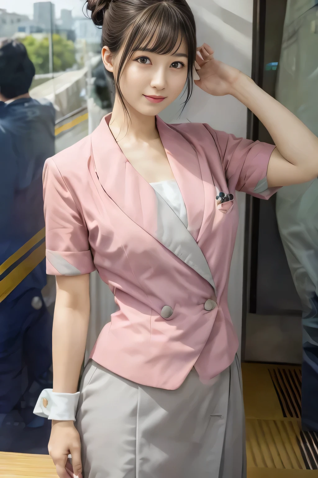 (masterpiece:1.2, highest quality:1.2), 32K HDR, High resolution, (alone、1 the rooftop of a building in the daytime、Professional Lighting)、Building rooftop background、(Nankai train crew uniform pinkを着たリアルスタイル)、(Nankai train crew uniform pink short sleeve pink jacket、Nankai Train Crew Uniform Pink Collarless Short Sleeve Blouse、Nankai Train crew uniform pinkのグレー色のキュロットスカート)、Dark brown hair、(Hair tied up、H、Hair Bun)、Dark brown ng Shot、Big Breasts、Thin legs、(s:2.0)),((Harmonious body proportions:1.5)),((Normal limbs:2.0)),((Normal finger:2.0)),((Delicate eyes:2.0)),((Normal eyes:2.0)))、smile、(Nankai Train crew uniform pinkのグレー色のキュロットスカートを見せた美しい歩く姿)、Keep your hands natural