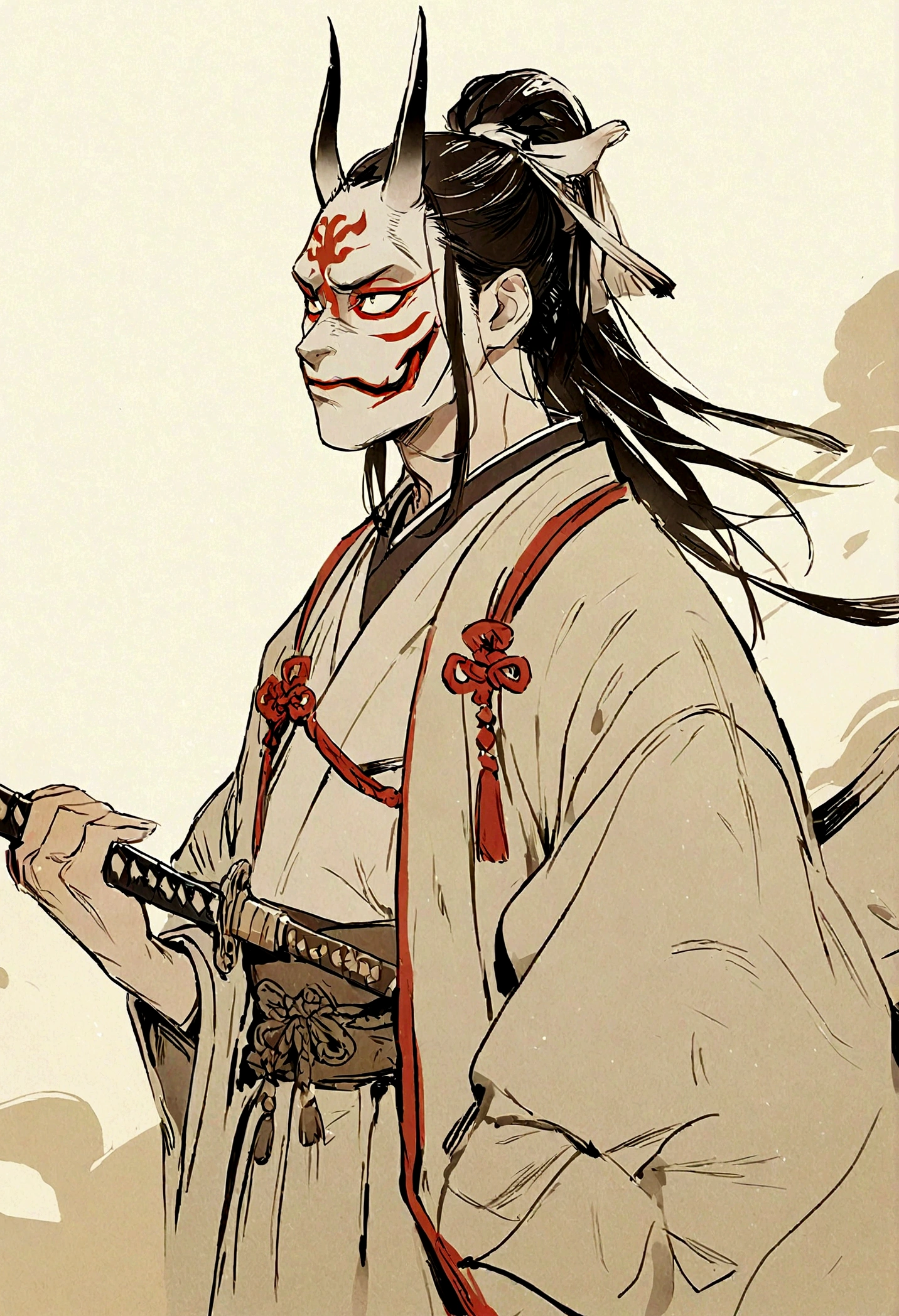 Samurai, mit einer ONI-Maske, He holds the sword on his right arm, high res, masterpiece, illustration, chinsese traditional style