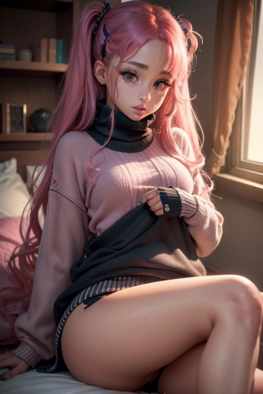 (La mejor calidad,A high resolution,Ultra - detallado,actual),Ariana Grande fre3ckles, pelirrojo, ojos grises, pecas, 1 chica, pl34tp1nk, falda a cuadros, medias de red, cadenas, Hombros descubiertos, Pink sweater, sexy, sin ropa,( ciberpunk 2.1)