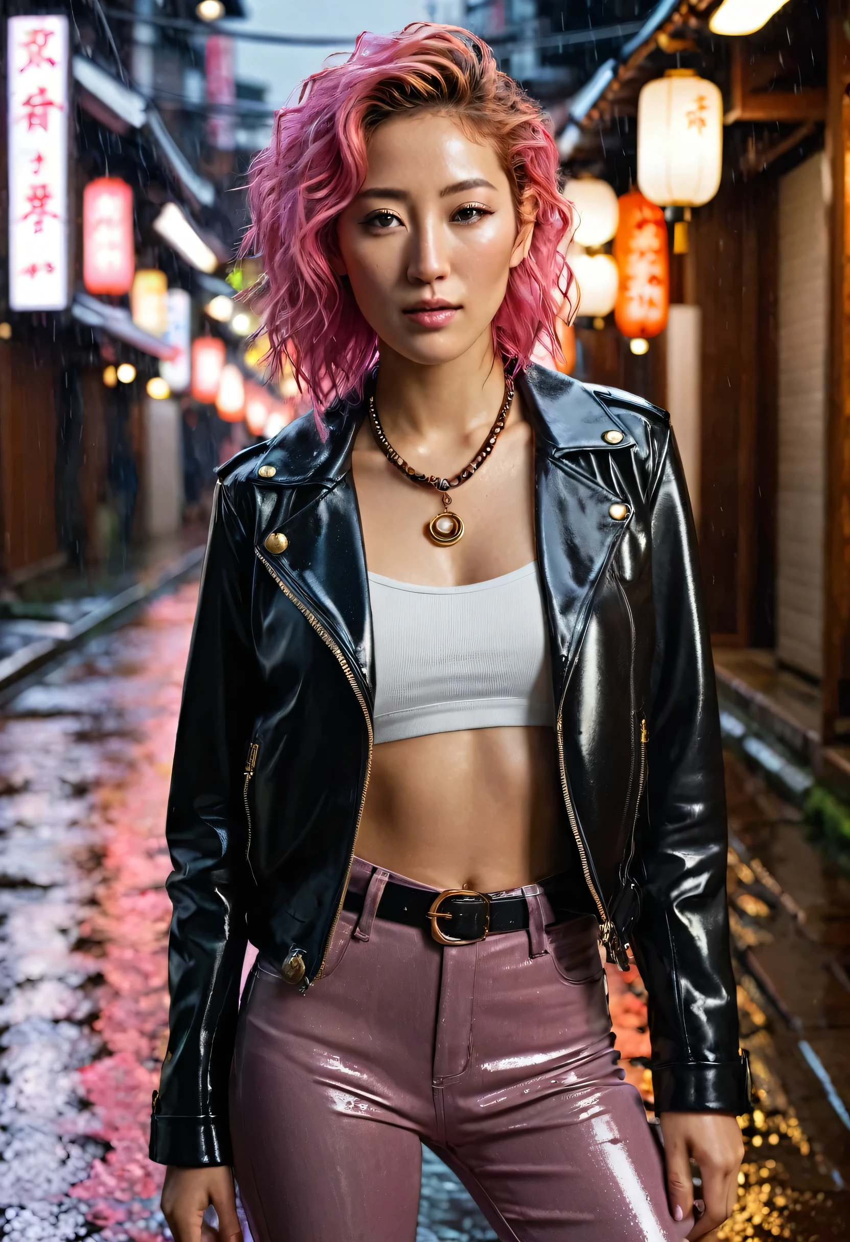 (hyper realistic: 1.4), (contrasting background: 1.5) ((Ultra detailed skin 1.4)) ( NVIDIA RTX Ray Tracing), golden ratio,(Advanced face detail: 1.1) ((full length body 1.5)) (masterpiece 1.4)16K resolution, 4k resolution (pink hair) "Generate an exceptionally photo realistic portrait of a young woman in her late twenties, with shoulder-length, curly pink hair and grey eyes. She is wet from rain drops on her face, clothes, neck, and chest. The rain drops are individually visible. She has a tanned mixed race complexion like Dichen Lachman. She is wearing a modern, edgy outfit consisting of a colourful open leather biking jacket, fitted t-shirt and a pair high waist dark jeans with metal buttons. She has a pearl and bronze necklace with many small charms, bronze earrings, and bronze rings on her fingers. Her lower lip is pierced with a ring. The expression on her face is one of curiosity, with a slight smile and her head tilted slightly to the right. Her make up is modern and edgy, with details around the contours of her eyes. Her pose is relaxed, with her hands loosely clasped in front of her. The background is a very dense urban city alley in the rain like, with very many neon signs juxtaposed with traditional lanterns of a shinto shrine. The lights cast many coloured reflections on the wet pavement. Her face and body are bathed in a gentle light from a nearby lantern, casting gentle shadows and a warm glow on her rain wet face. Include subtle details like the texture of her hair and the shimmer of her necklace. The style should be photorealistic, with high attention to detail and lifelike rendering."