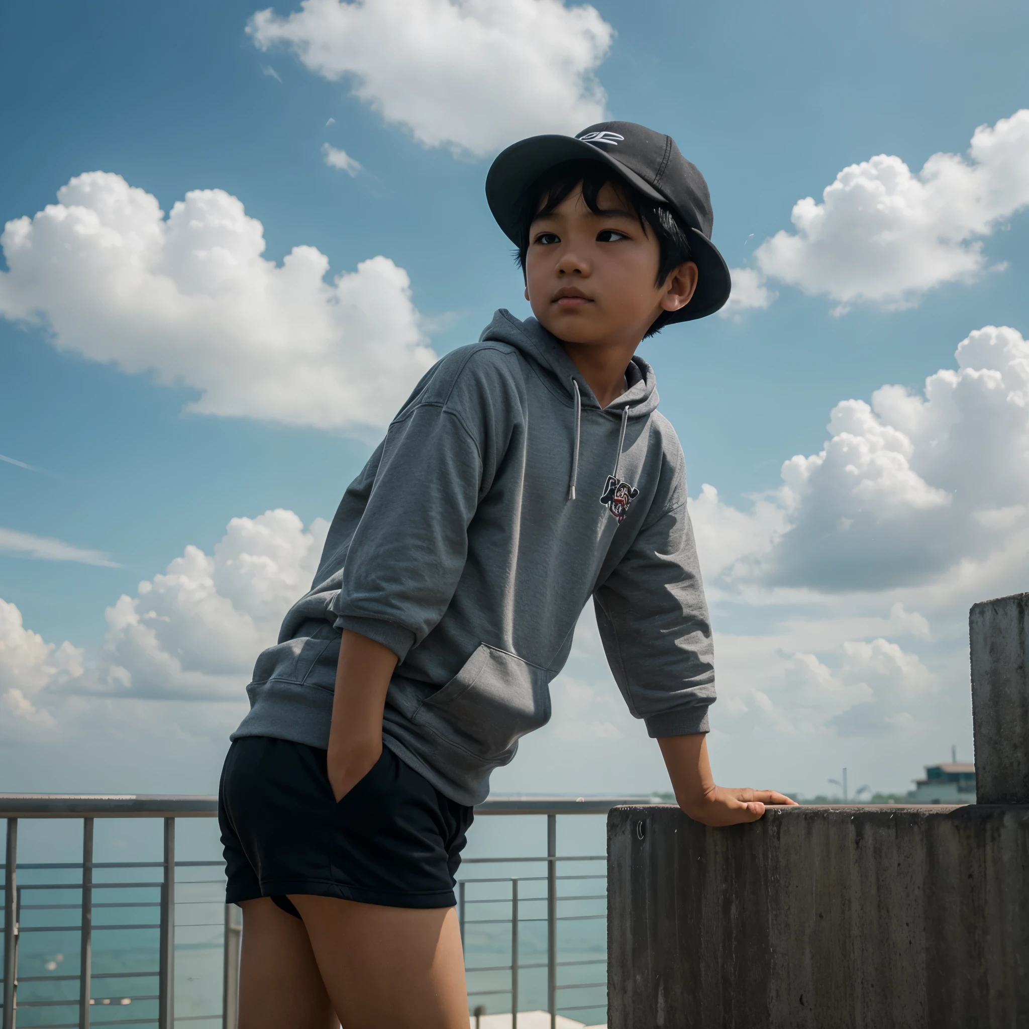 anime indonesian boy, 1boy, shorts black hair, ,wear hat,wear grey hoodie, looking away at the sky, sky with clouds, afternoon, lo-fi, camera from below