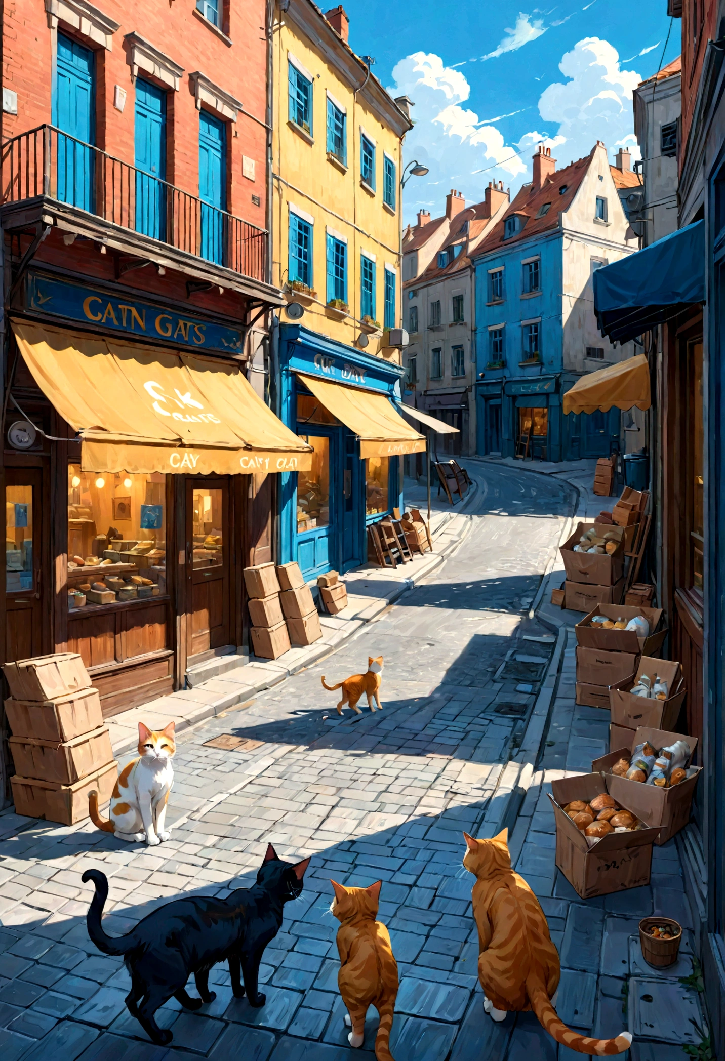 Street cats, abandoned, surviving, fighting for food, on the streets, 8k, in front of shops, houses, buildings, 4k cartoon image, cityscape, art van gogh Painterly style, painting, vibrant