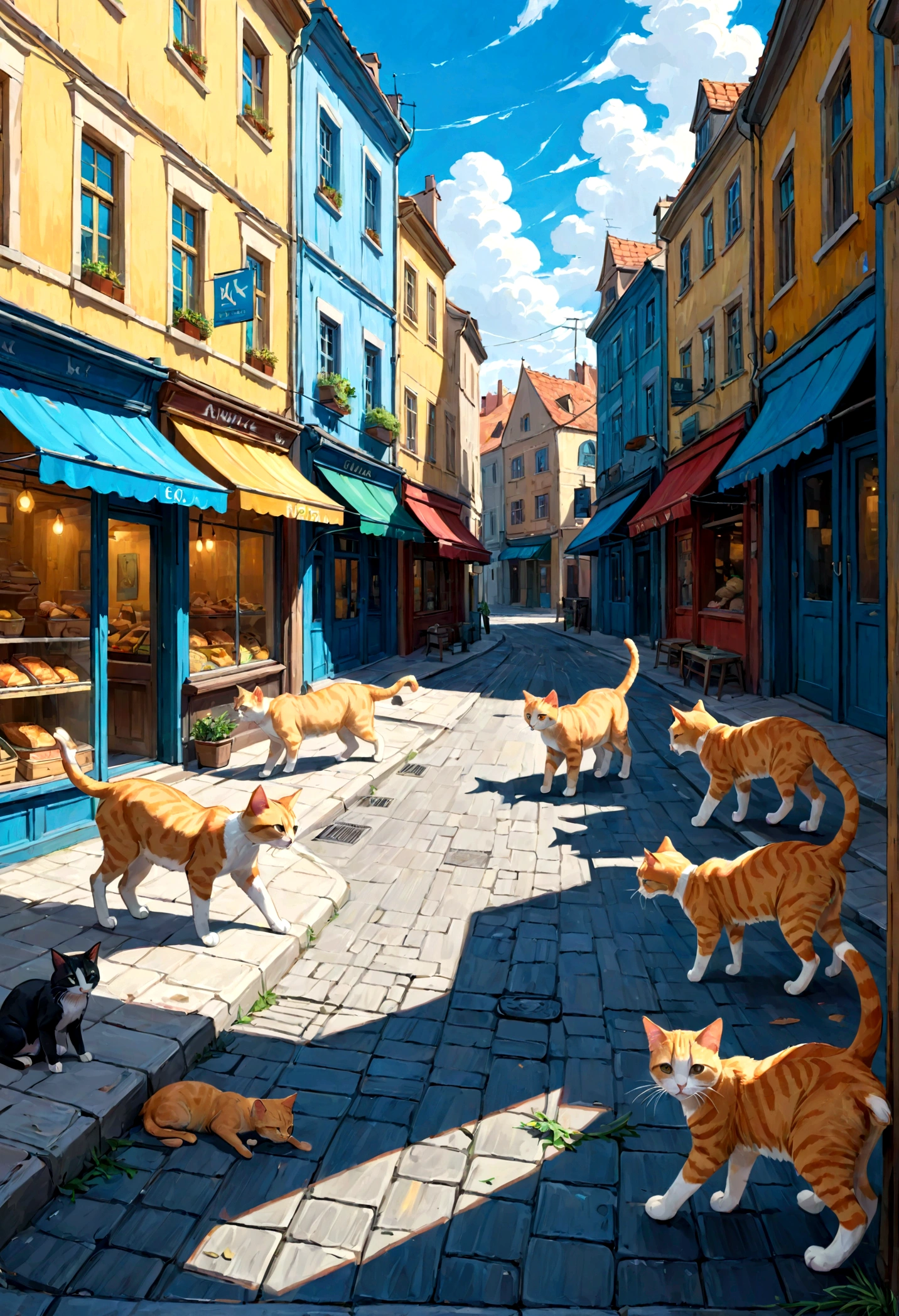 Street cats, abandoned, surviving, fighting for food, on the streets, 8k, in front of shops, houses, buildings, 4k cartoon image, cityscape, art van gogh Painterly style, painting, vibrant