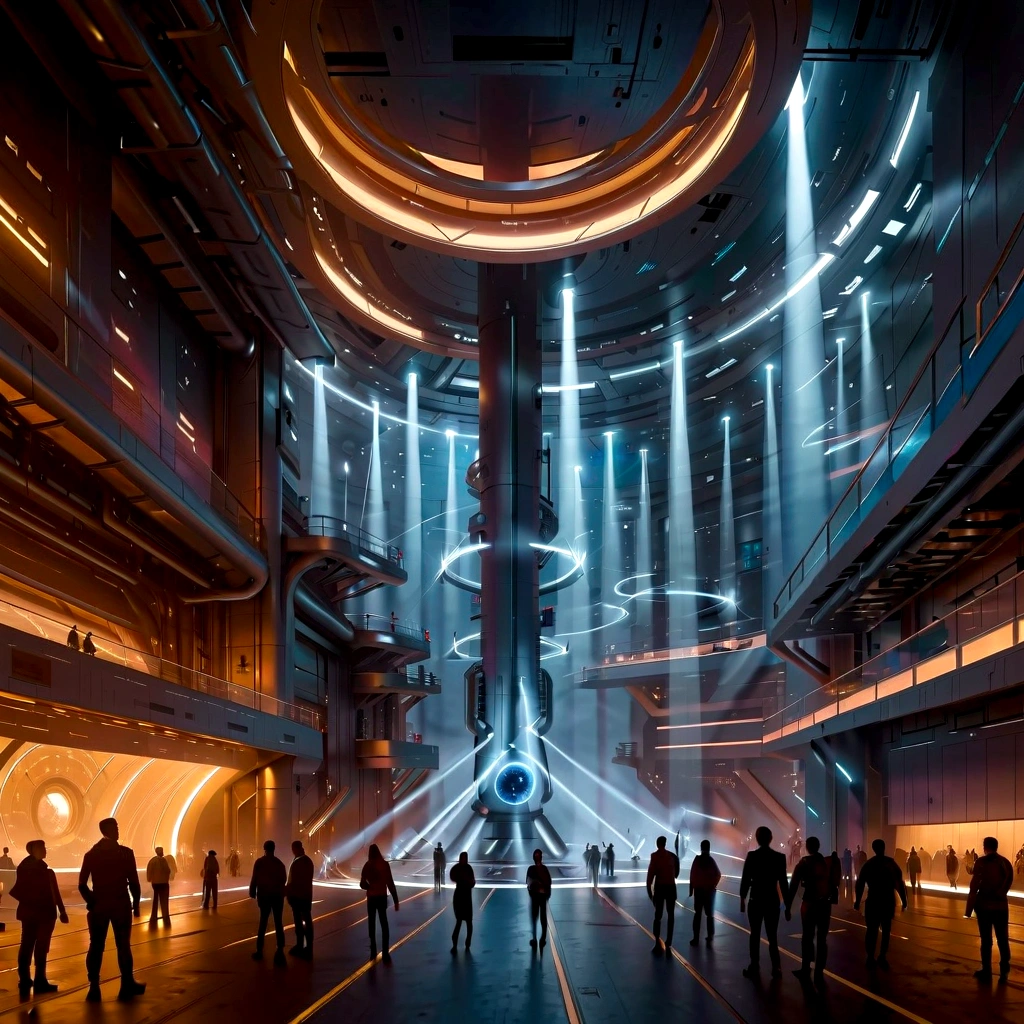 there are many people standing in a large space with a blue light, high quality digital concept art, mystical sci-fi concept art, stunning sci-fi concept art, 8 k high detail concept art, fusion reactor, 4 k resolution concept art, detailed digital concept art, concept art | feng zhu, 8 k concept art, 8k concept art